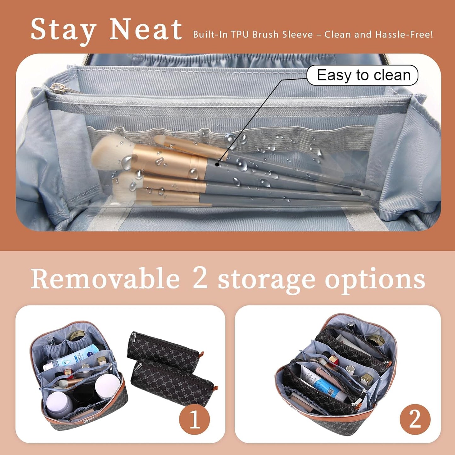 BOYATU Travel Makeup Bag Cosmetic Bags for Women: 3 Pcs Set Large Portable Make up Bag with Handle - Vegan Leather Toiletry Bags with Compartments - Makeup Organizer for Travel Essentials(A-4-Black)