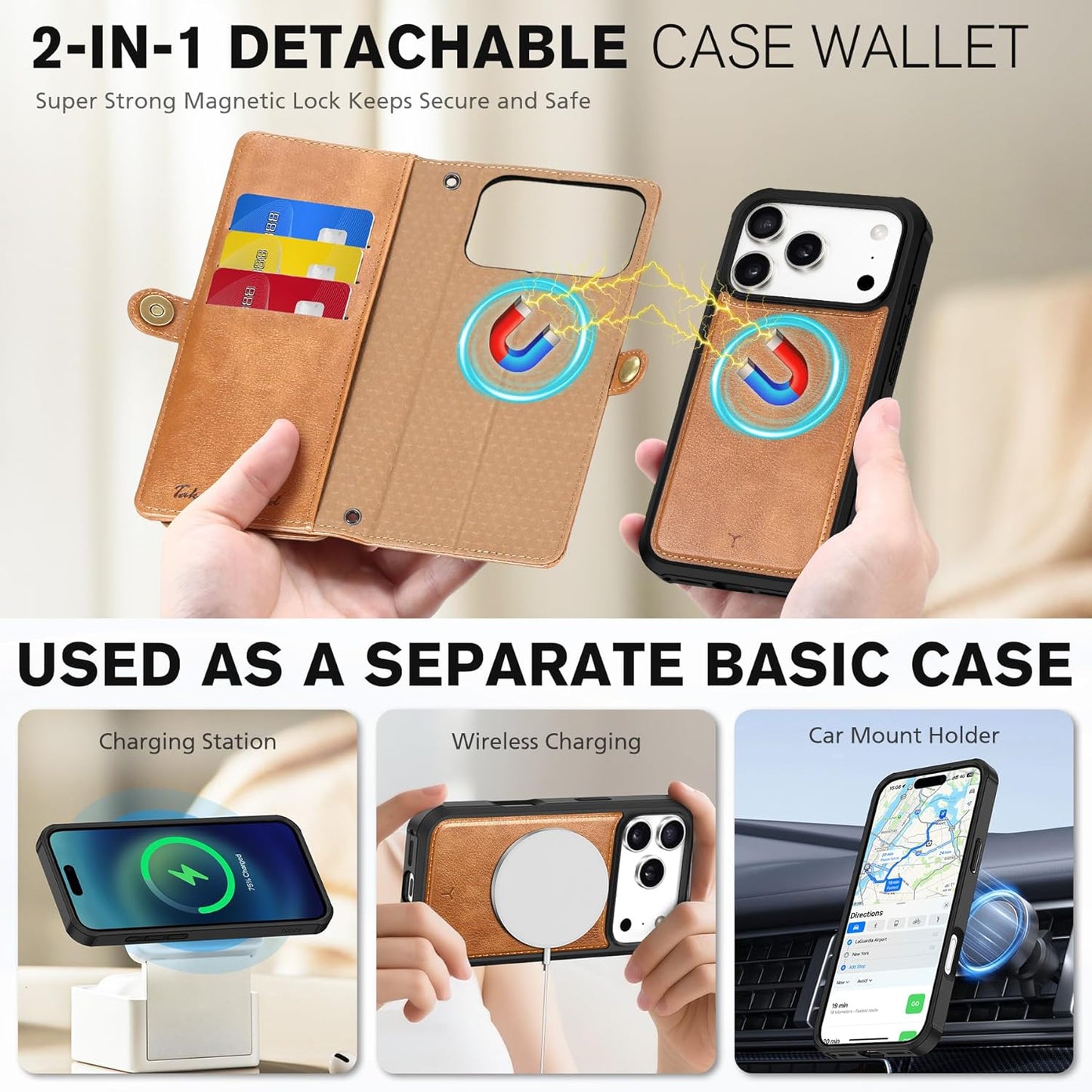 TUCCH Removable Crossbody Case Wallet for iPhone 17 Pro (6.3") 2025, Wireless Charging, RFID Blocking 9 Card Slots, Lanyard, Wrist Strap, Zipper Pocket, PU Leather, Stand Magnetic Cover, Light Brown