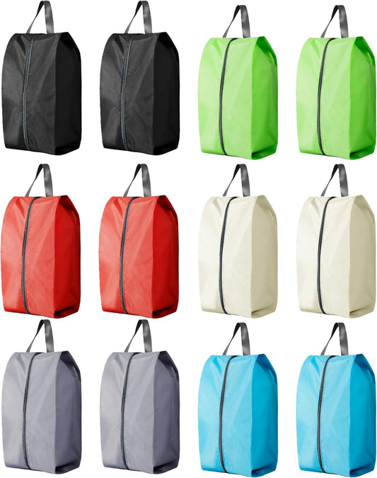 Travel Shoe Bags, Set of 12, Large Oxford Fabric Storage Bags with Zipper and Handle, Water-Resistant Pouches (Black, Gray, Green, Red, Cream, Blue)