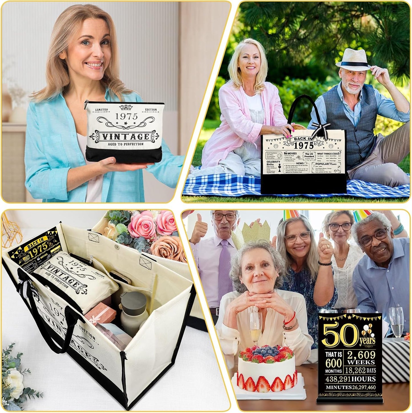 50th Birthday Gifts for Women Canvas Tote Bag Travel Gear, Unique 50 Years Old Gifts for Wife Sister Mom Aunt Friends Her, Vintage 1975 Handbag & Cosmetic Bag & Back in 1975 Poster