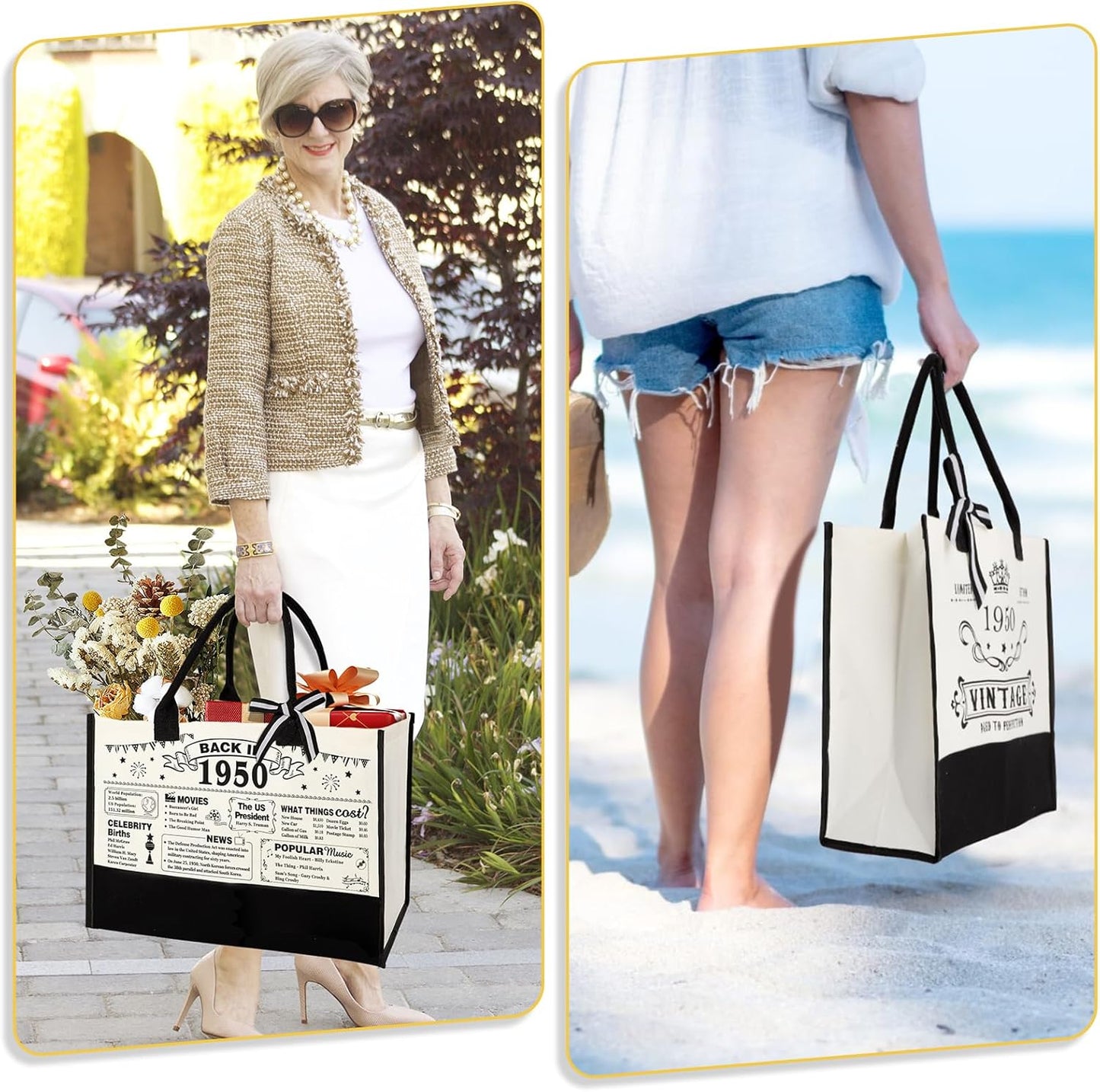 75th Birthday Gifts for Women Canvas Tote Bag Travel Gear, Unique 75 Years Old Birthday Gifts for Mom Wife Aunt Friends Her, Vintage 1950 Handbag & Cosmetic Bag & Back in 1950 Poster