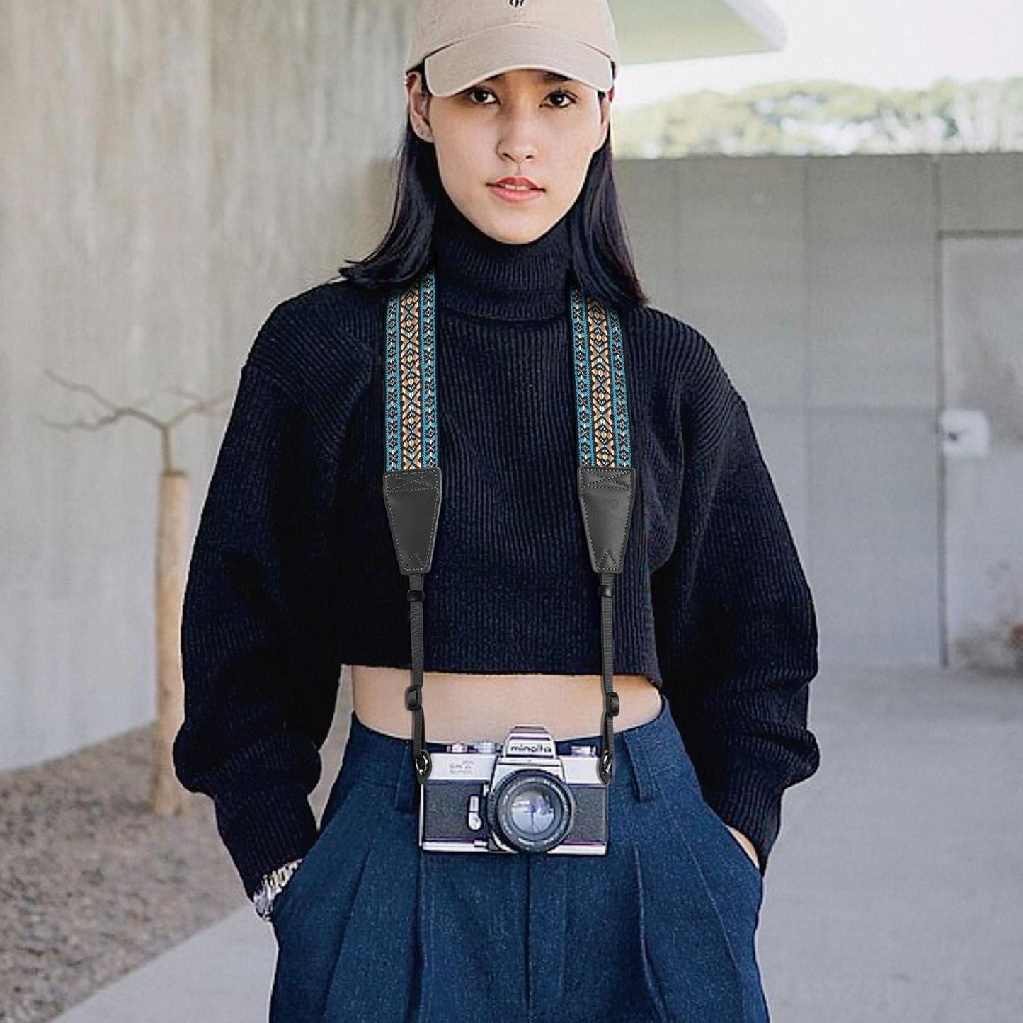 Padwa Lifestyle Boho Blue Camera Strap - 2" Full Grain Leather Ends Camera Straps for Photographers, Vintage Embroidered Cotton Weave Soft Suede Fabric Padded Strap Quick Release fits All Cameras