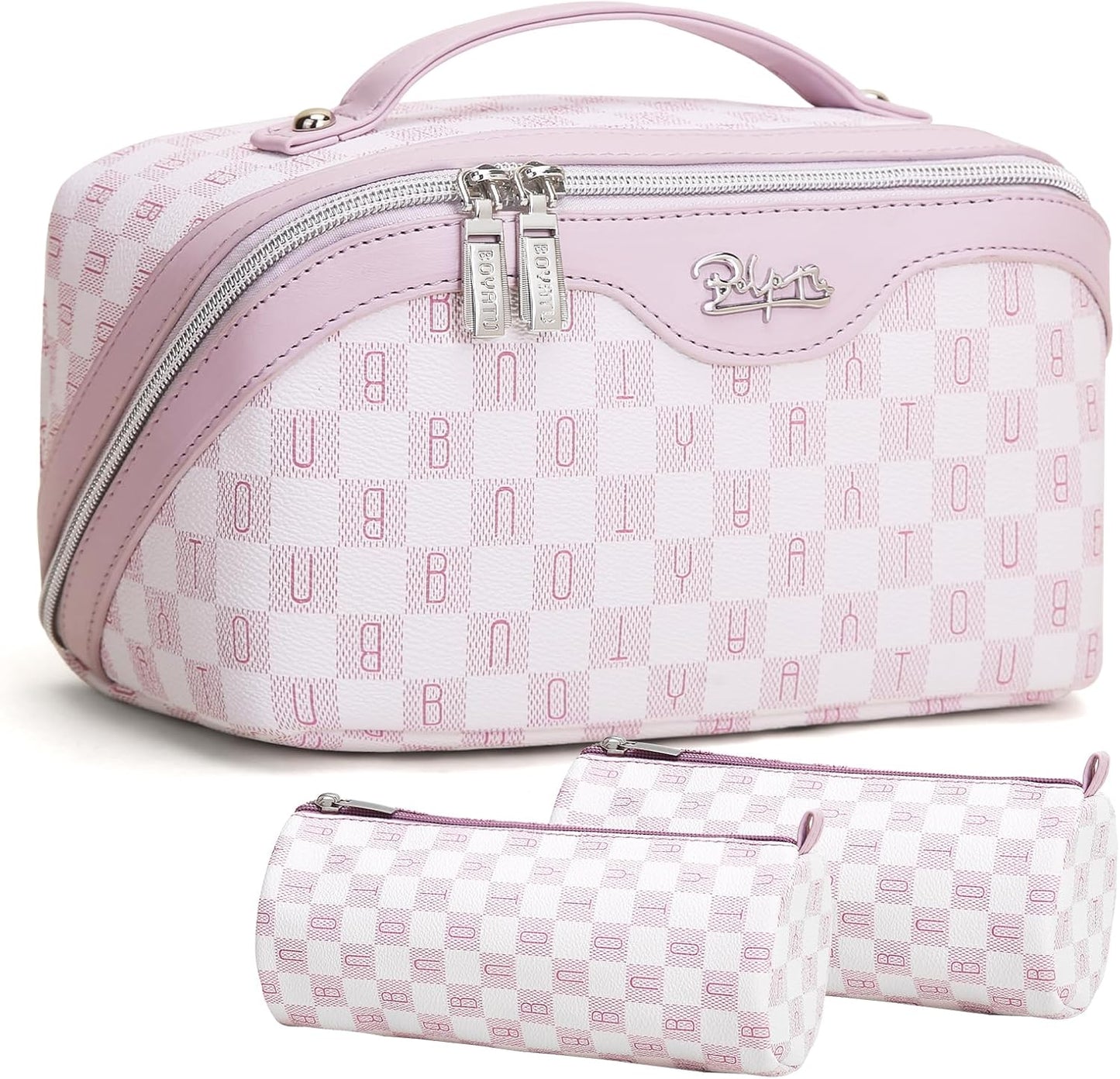 BOYATU Travel Makeup Bag Cosmetic Bags for Women: 3 Pcs Set Portable Make up Bag with Handle - Vegan Leather Toiletry Bags with Compartments - Makeup Organizer for Travel Essentials(C-5-Purple)