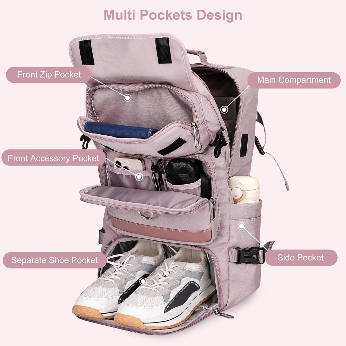 PIJUSHI Carry on Travel Backpack for Women Convertible Duffel Bag Backpack Large Luggage Rucksack Fit 16 Inch Laptop(PE039 Light Purple)