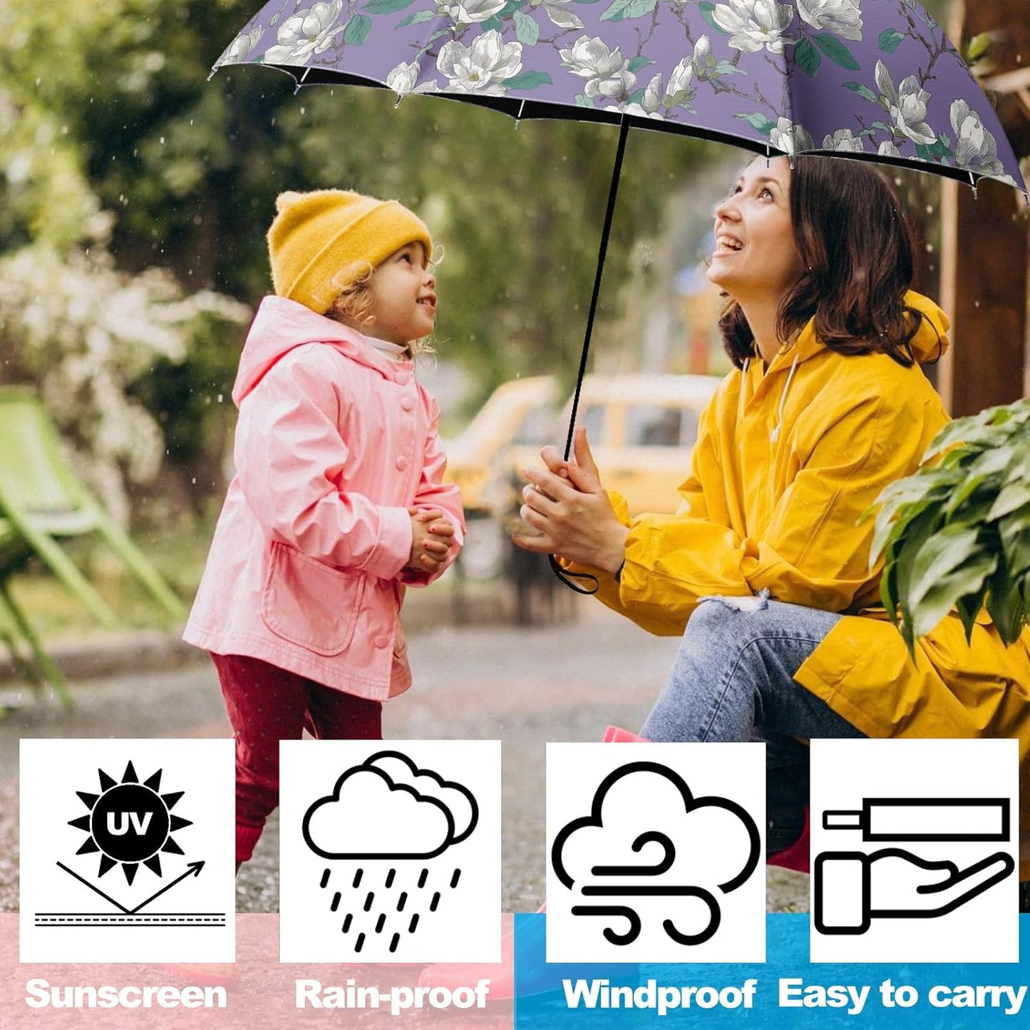 Small Travel Folding Umbrella for Girl, Portable, UV, SunShade, Compact, Automatic, Rain & Wind