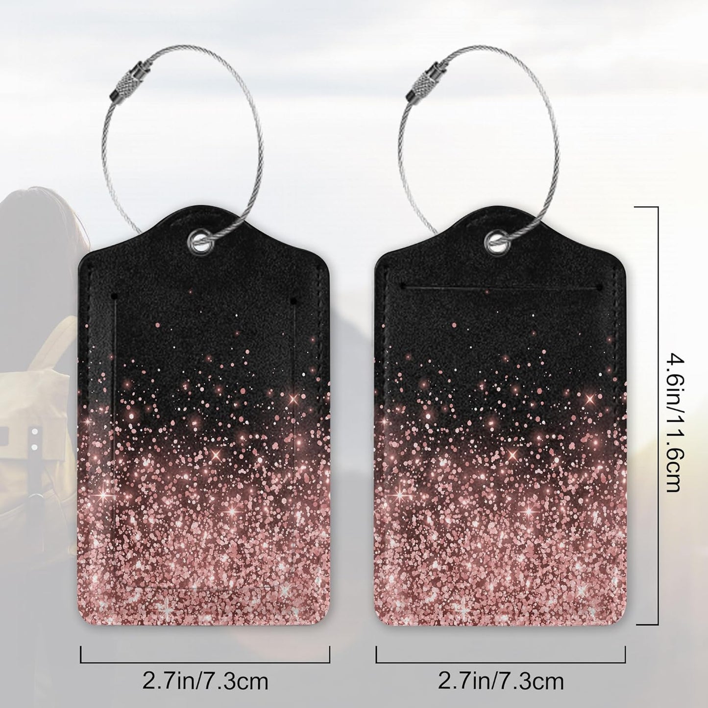 Leather Luggage Tags for Adults Teens,2 Pack Rose Gold Glitter Travel Bag Suitcase Labels with Stainless Steel Loop ID Tags Card Baggage Bag Label