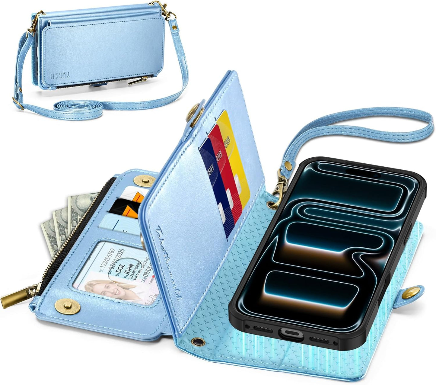 TUCCH Crossbody Detachable Wallet Case for iPhone 17 Pro 6.3" 2025, 9 Card Slots RFID Blocking | Wireless Charging | Wrist Strap Lanyard | Stand | Zipper Pocket | PU Leather Cover | Pearly Light Blue