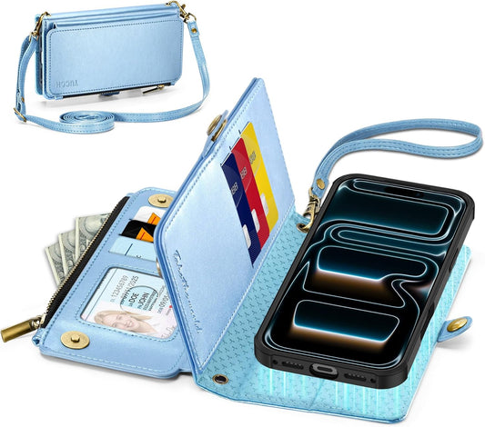 TUCCH Crossbody Detachable Wallet Case for iPhone 17 Pro 6.3" 2025, 9 Card Slots RFID Blocking | Wireless Charging | Wrist Strap Lanyard | Stand | Zipper Pocket | PU Leather Cover | Pearly Light Blue