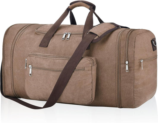Felipe Varela 60L Duffle Bag for Men, Large Expandable Canvas Duffel Bag for Travel, Mens Carry On Luggage Bag Traveling Weekender Gym Overnight Bags for Airplanes, Coffee