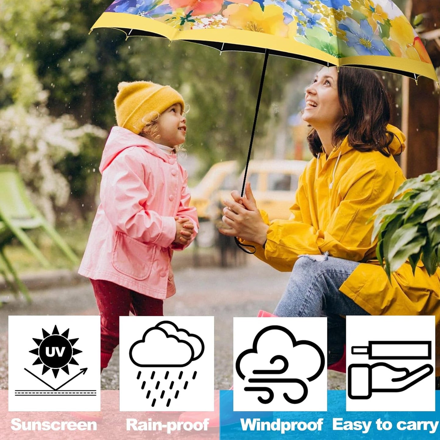 Small Travel Folding Umbrella for Girl, Portable, UV, SunShade, Compact, Automatic, Rain & Wind