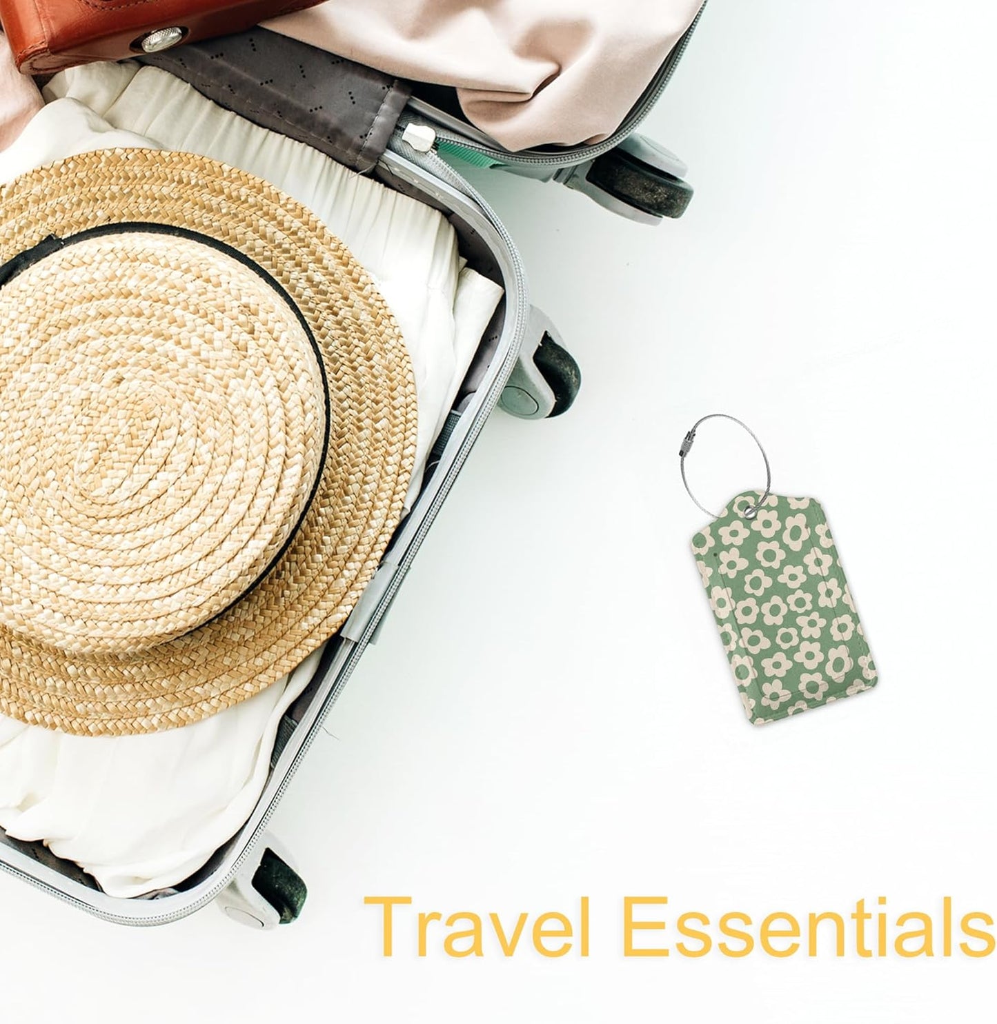 Leather Luggage Tags for Adults Teens,2 Pack Vintage Groovy Flowers Travel Bag Suitcase Labels with Stainless Steel Loop ID Tags Card Baggage Bag Label