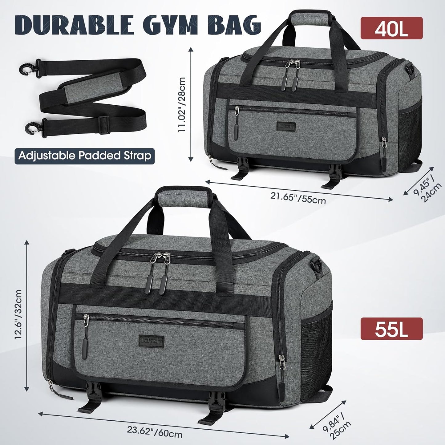 IGOLUMON Gym Bag for Men 55L Sports Duffel Bags Gym Duffle Bag Women with Shoe Compartment & Wet Pocket Water Resistant Travel Duffel Bag Lightweight Weekender Overnight Bag Gray