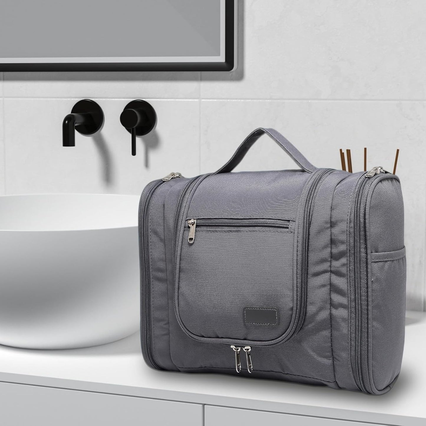 Pearl Angeli Hanging Toiletry Bag for Women, Large Makeup Cosmetic Bag, Water Resistant Toiletries Travel Essentials Organizer, Full-size Container, Grey