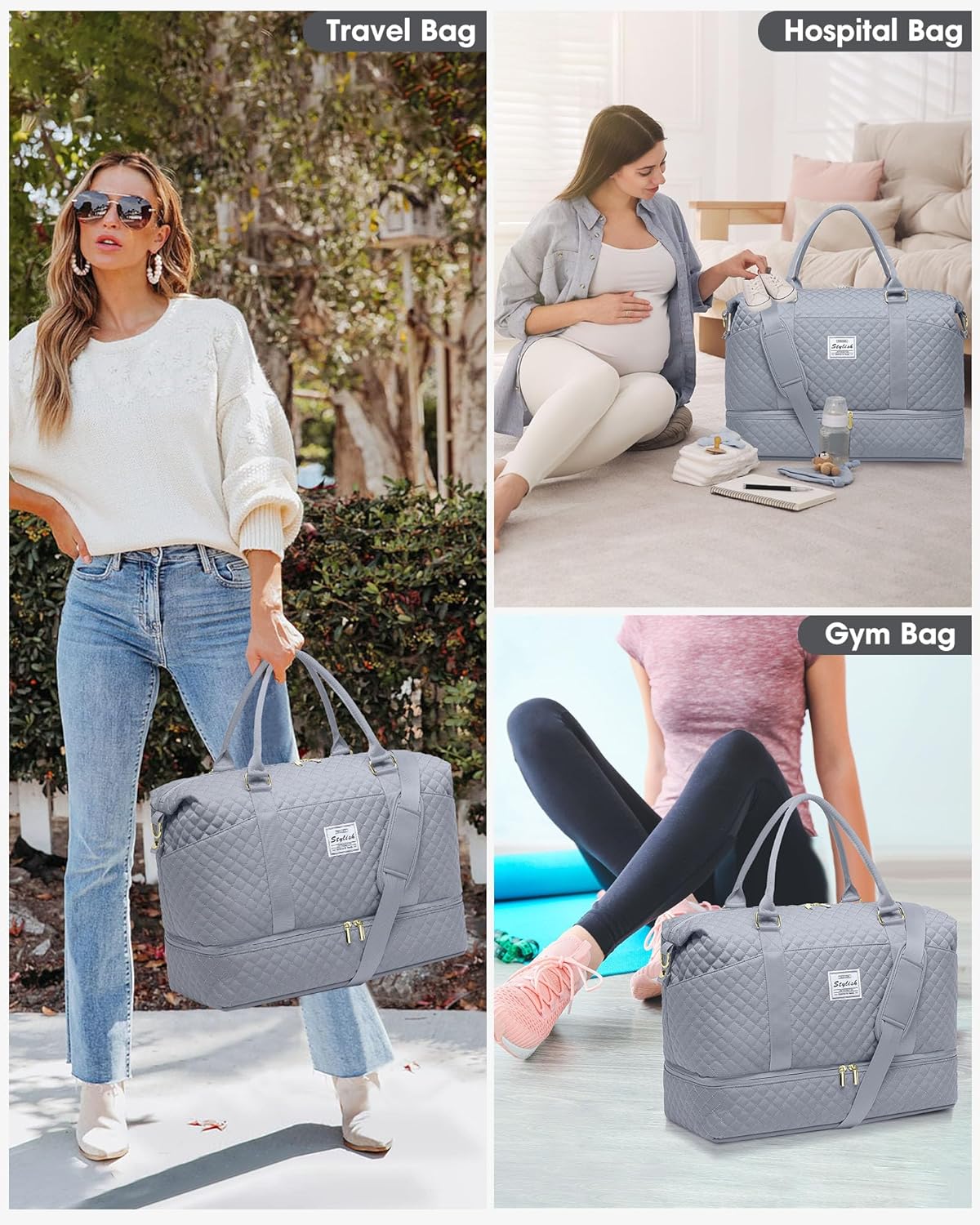 Travel Overnight Bag Weekender Bags- Duffle Bags Women with Shoe Compartment Carry on Overnight Bag with Toiletry Gym Duffel with Wet Pocket Hospital Bags Grey