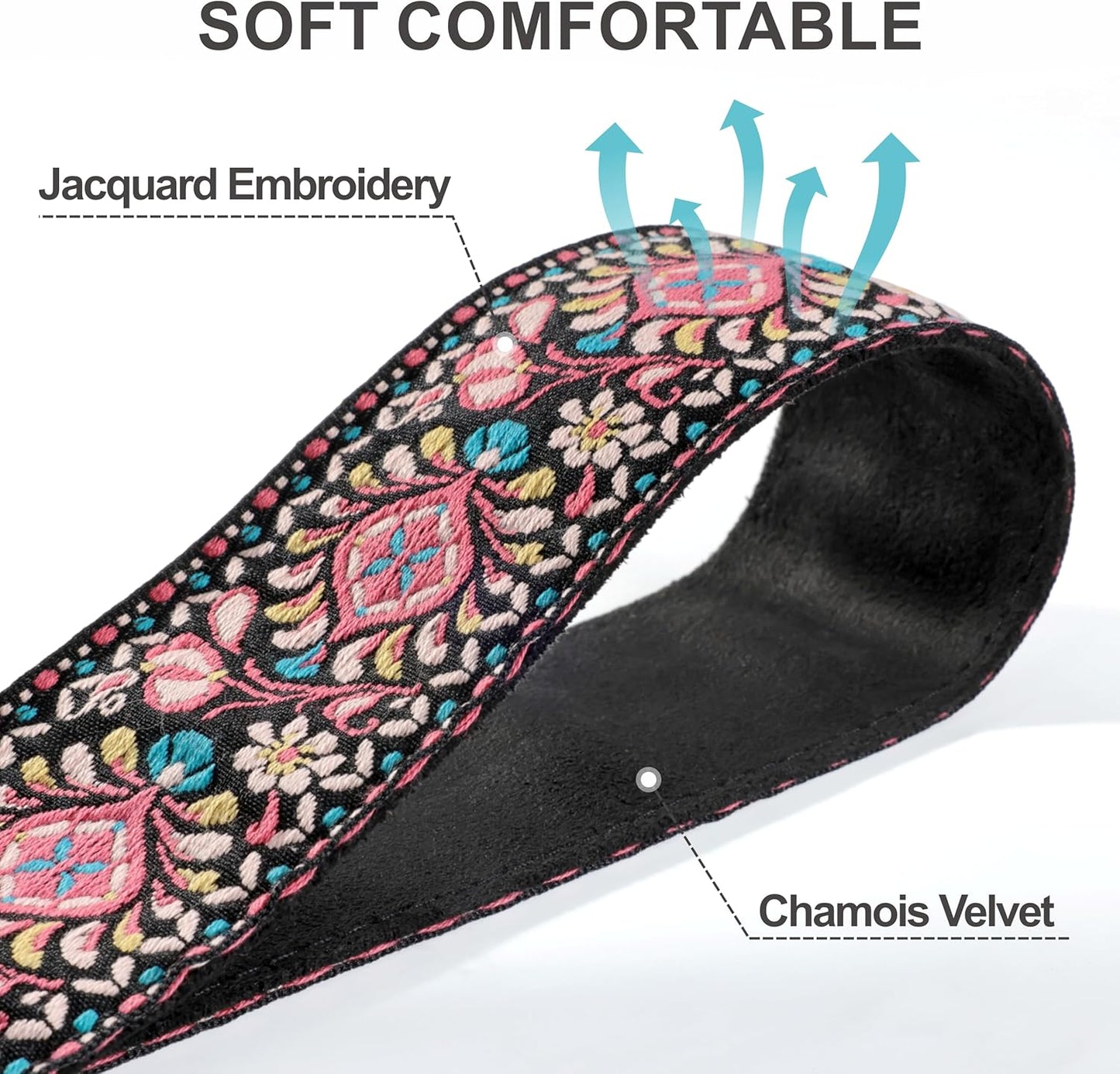 Padwa Lifestyle Pink Flower Camera Strap - 2" Full Grain Leather Ends Camera Straps for Photographers, Vintage Embroidered Cotton Weave Soft Suede Fabric Padded Strap Quick Release fits All Cameras