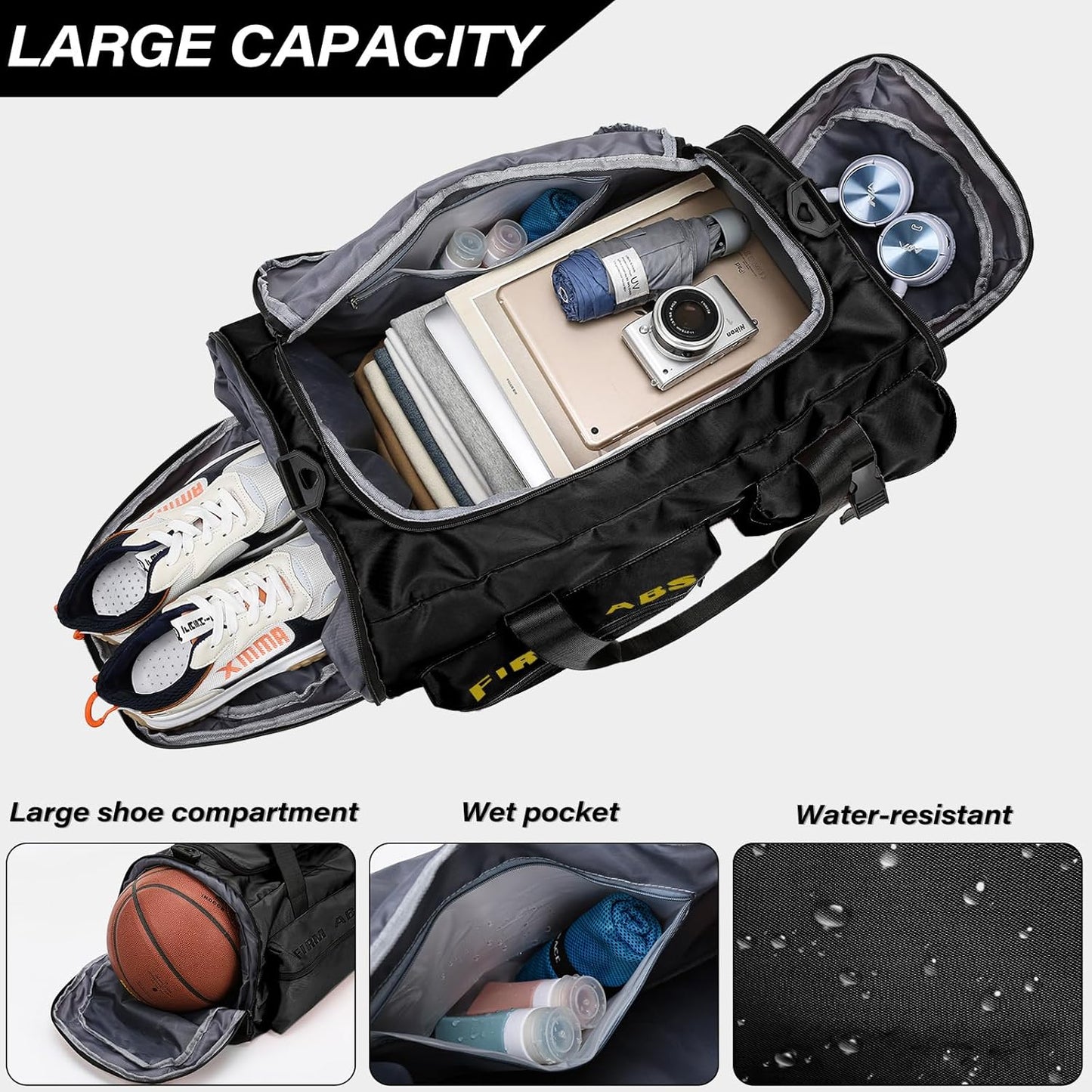 Gym Bag for Men & Women, 65L Large Capacity Travel Duffle Bag 3 in 1 Convertible Backpack with Shoes Compartment and Dry and Wet Separation