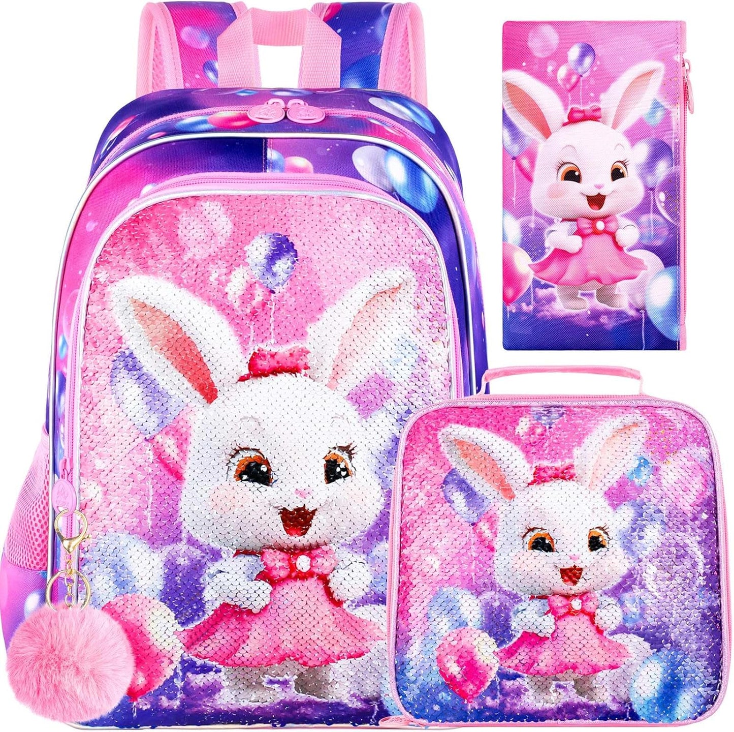 16" Bunny Backpack, 3Pcs Girls Sequin Bookbag for Elementary Preschool Kindergarten, Kids School Backpacks with Lunch Box(Pink)