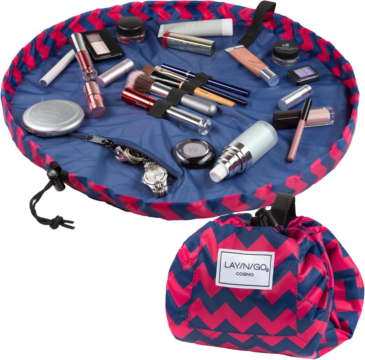 Lay-n-Go Cosmo Drawstring Cosmetic & Makeup Bag Organizer - Portable Drawstring Makeup Bag w/Zipper Pocket, Makeup Loops & More - Durable, Machine Washable Toiletry Bag (20", Pink Chevron)