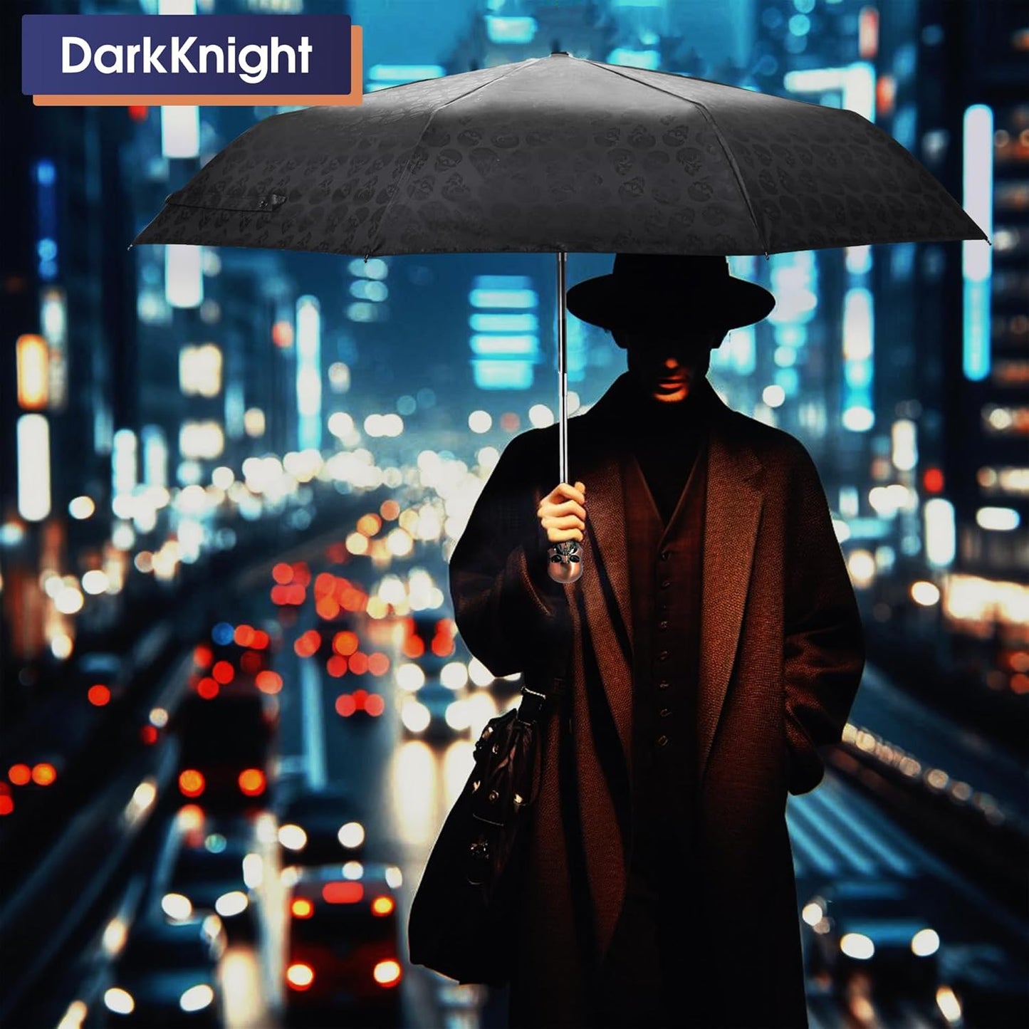 Gothic Skull Umbrella Compact Portable Automatic Folding with Golden Skull Handle Dark Blue with Gold UV Coating