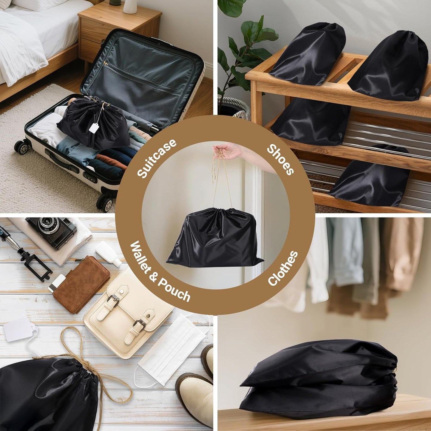 Ewen 19.6x15.7in Dust Bags for Handbags, 7 Pack of Black Dustproof Silk Bags with Drawstring for Travel, Purse Wallet Bags for Storage, Satin Covers for Shoes and Boots, Pouches Organizer for Closet