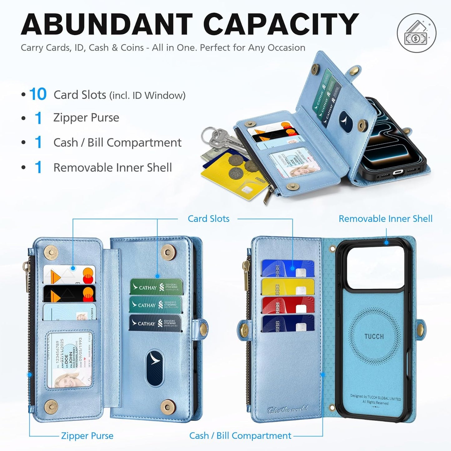 TUCCH Crossbody Detachable Wallet Case for iPhone 17 Pro Max, 10 Card Slots RFID Blocking | Wireless Charging | Wrist Strap Lanyard | Stand | Zipper Pocket | PU Leather Phone Cover | Pearly Light Blue