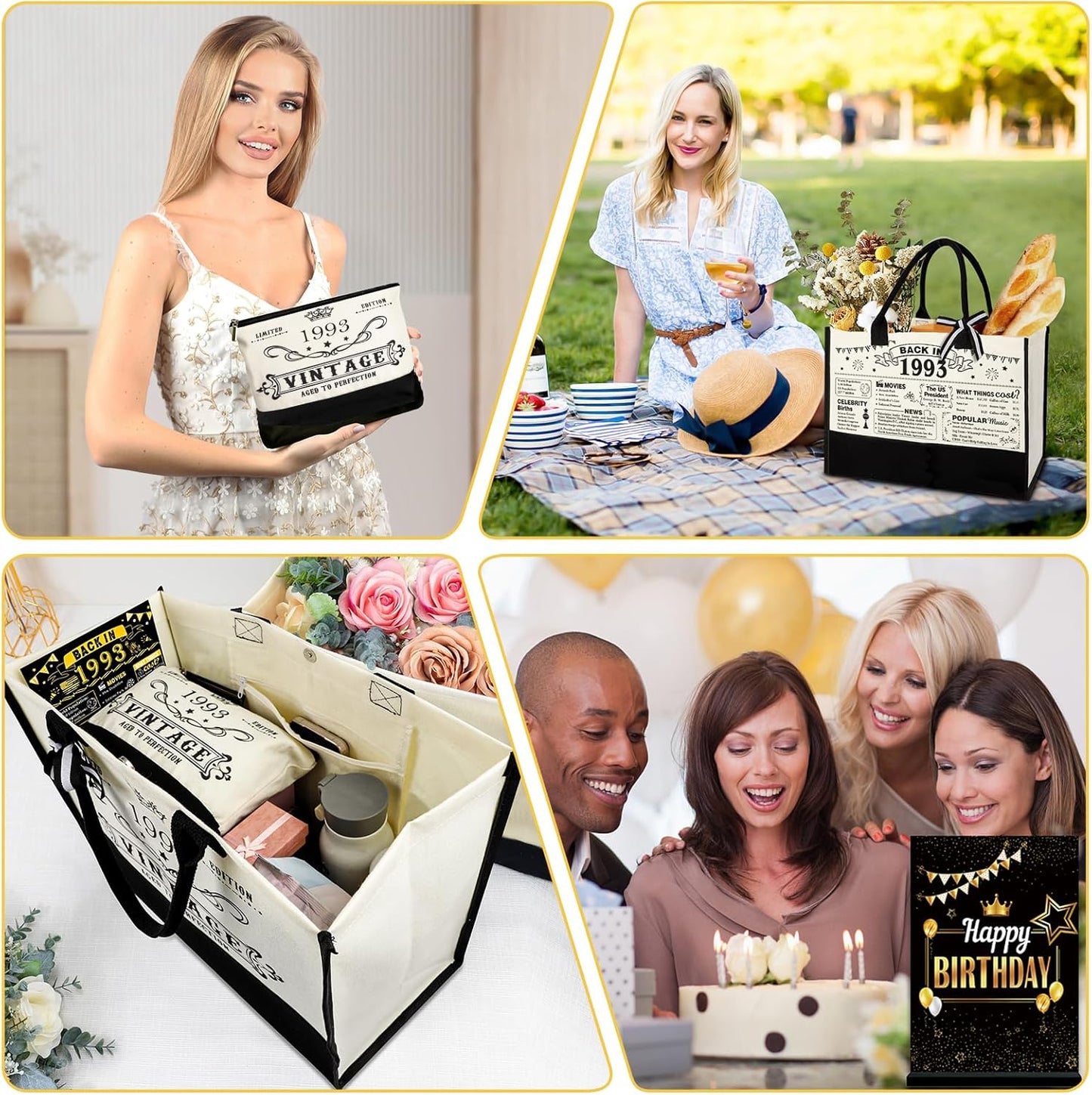 YeohJoy 32nd Birthday Gifts for Her Canvas Tote Bag Travel Gear, Unique 32 Years Old Birthday Gifts for Girlfriend Sister Friends Women, Vintage 1993 Handbag & Cosmetic Bag & Back in 1993 Poster