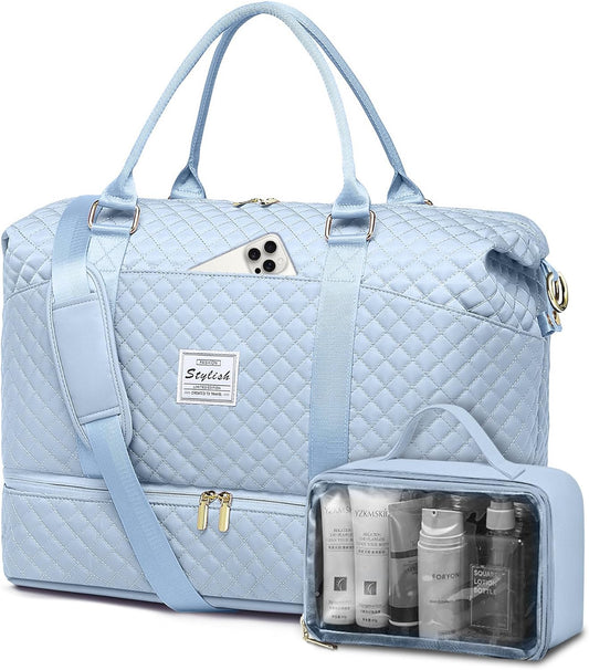 Travel Overnight Bag Weekender Bags- Duffle Bags Women with Shoe Compartment Carry on Overnight Bag with Toiletry Gym Duffel with Wet Pocket Hospital Bags Light Blue