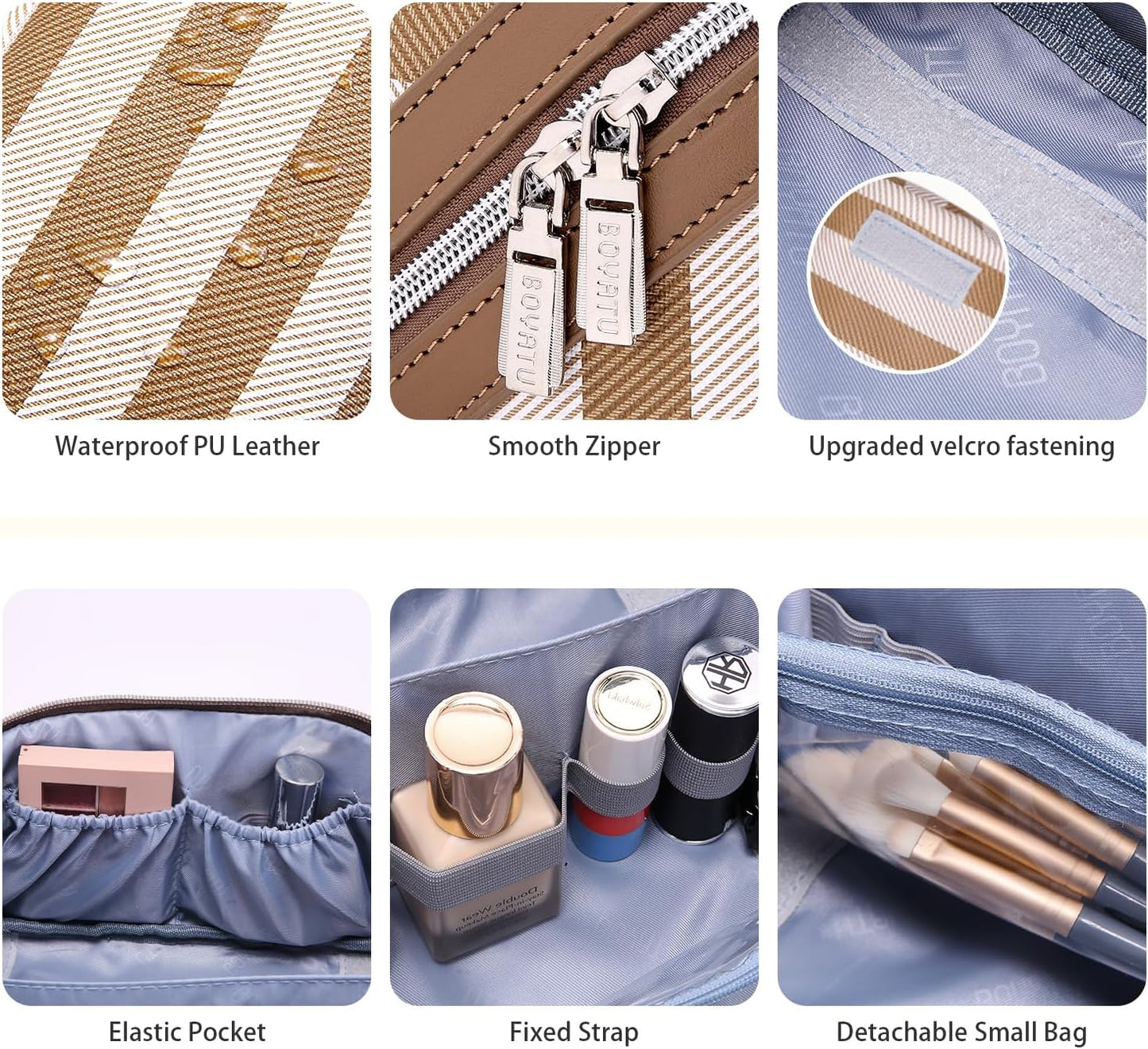 BOYATU Travel Makeup Bag for Women: Large Cosmetic Bag Set of 3 - PU Leather Make up Bag with Compartments - Compact Waterproof Toiletry Bag with Divider & Handle (B-5-Brown)