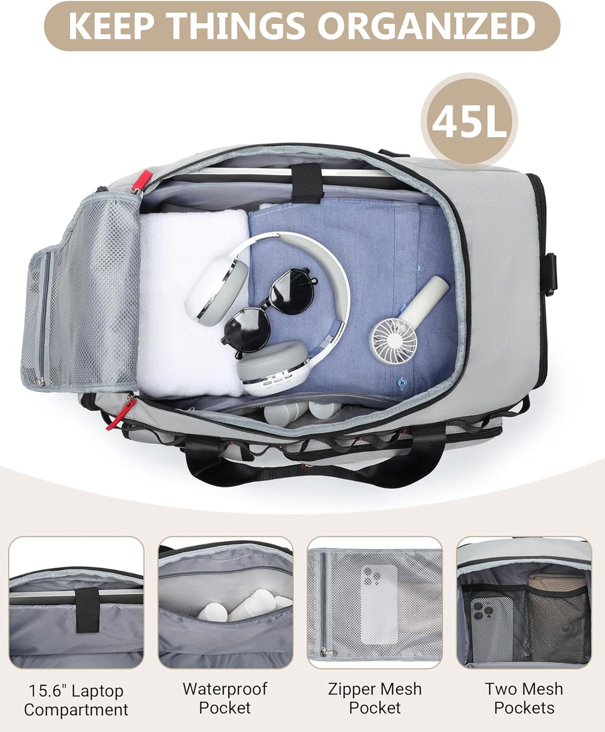 MCBD Gym Bags for Men & Women, 45L Travel Duffle Sports Backpack with Shoes & Laptop Compartment, Large Workout Carry On Bag Weekender Overnight Tote, Grey