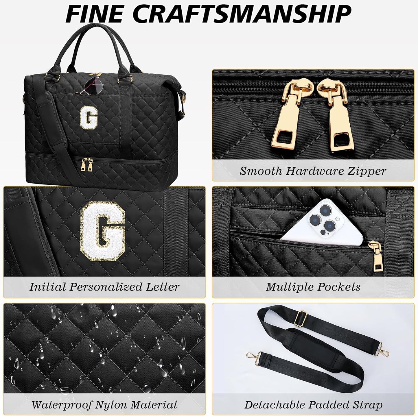 Gifts for Women Girls Birthday Christmas Initial Travel Duffle Bag Quilted Weekender Bags Carry-On Overnight with Cosmetic Bag, Gym Bag with Shoe Compartment, Black G