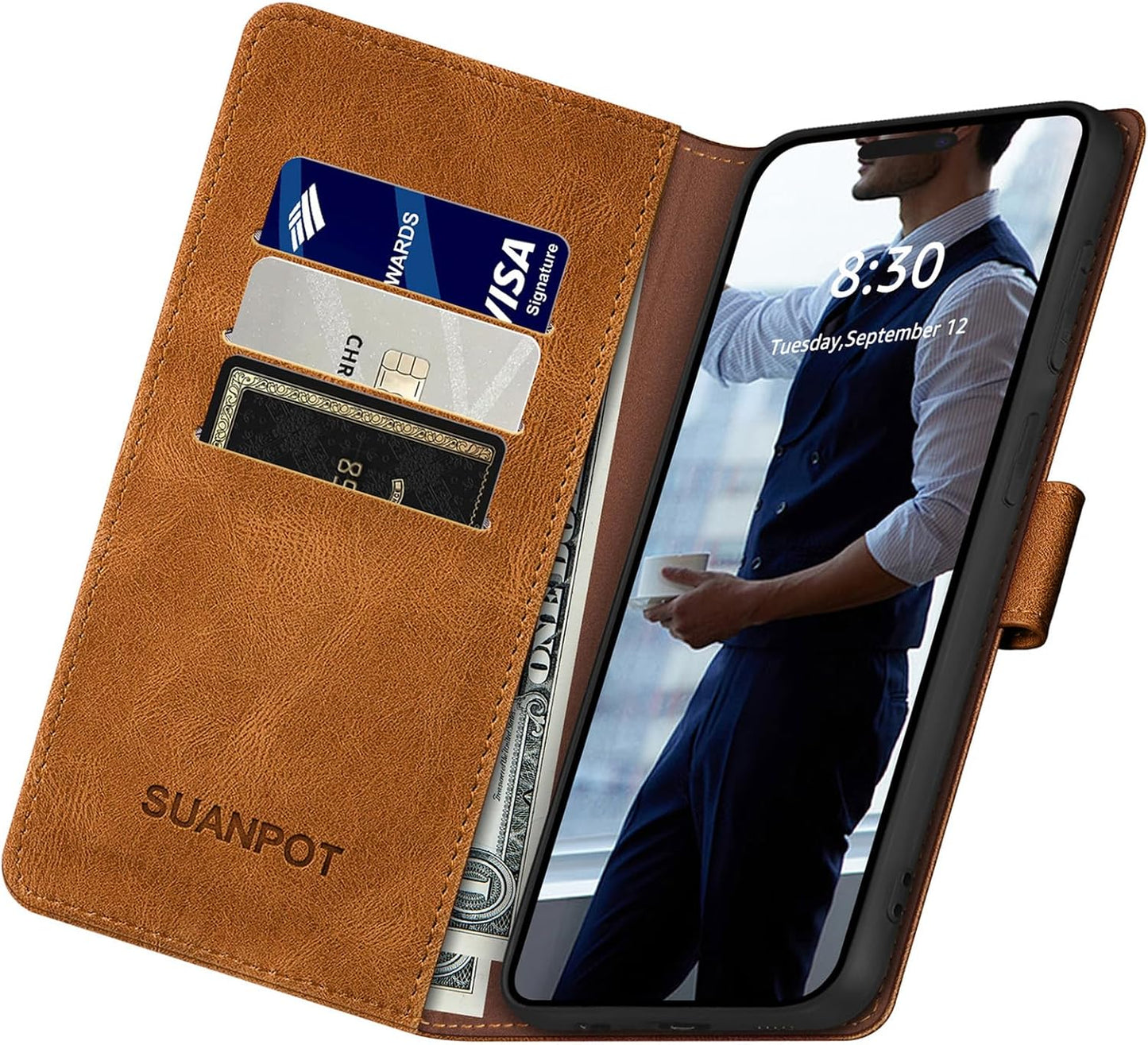 SUANPOT Compatible with iPhone 17 Pro Max 6.9" Wallet case with RFID Blocking Credit Card Holder,Flip Book PU Leather Protective Cover Women Men for Apple 17 Pro Max Phone case Light Coffee