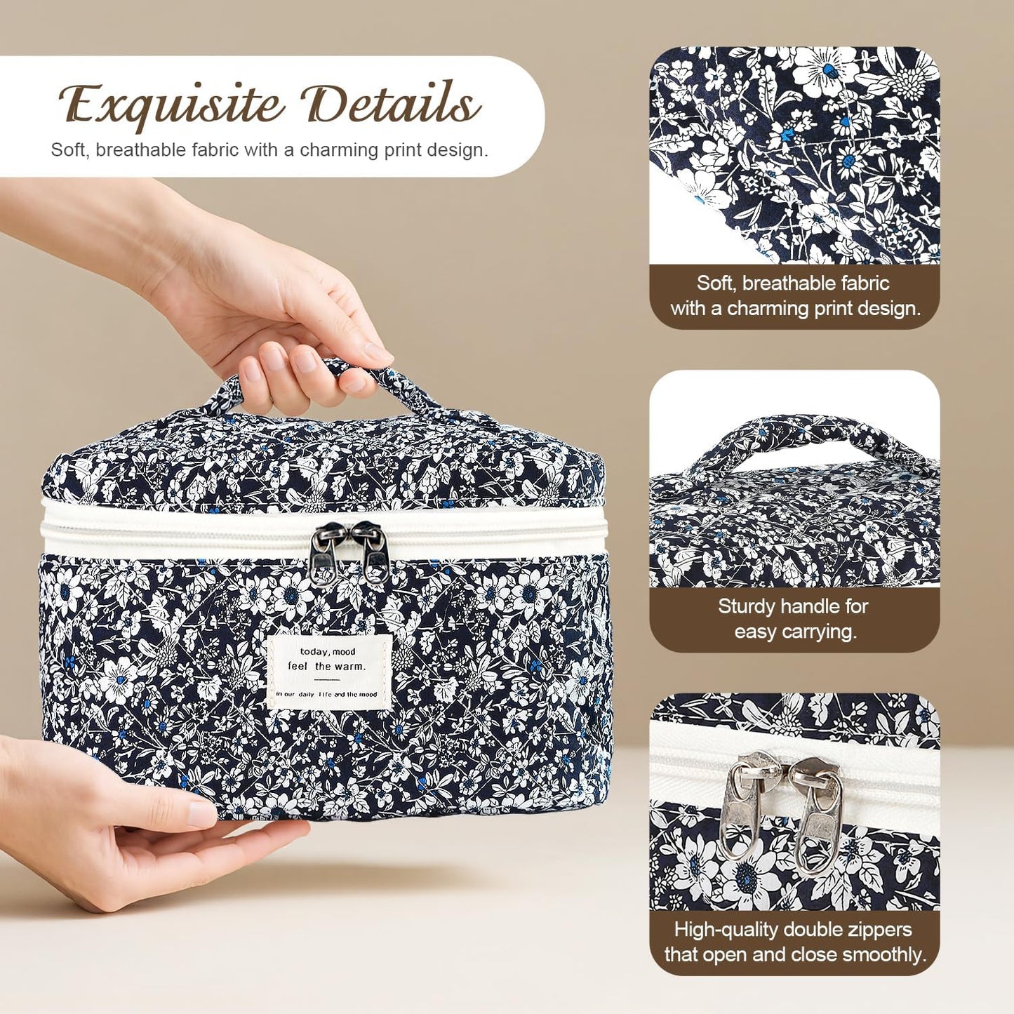 Large Travel Quilted Makeup Bag for Women, Floral Cotton Cosmetic Bag Cute Coquette Aesthetic Floral Toiletry Organizer Bag for Girls Little Black Rose Cosmetic Zipper Storage Bag