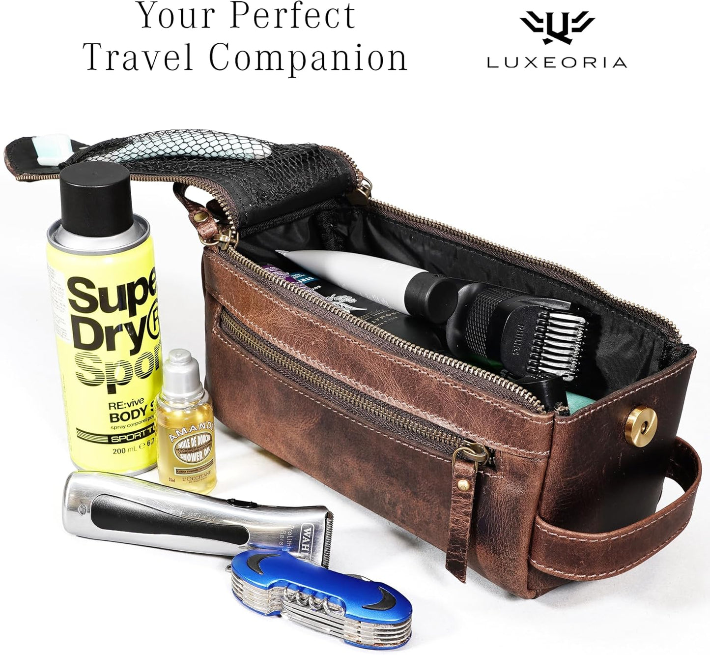 LUXEORIA Genuine Leather Toiletry Bags for Men and Women, Handmade Premium Leather Dopp Kit and Shaving Bag, Cosmetic Bag for Womens and Mens, Travel Essentials & Organizers