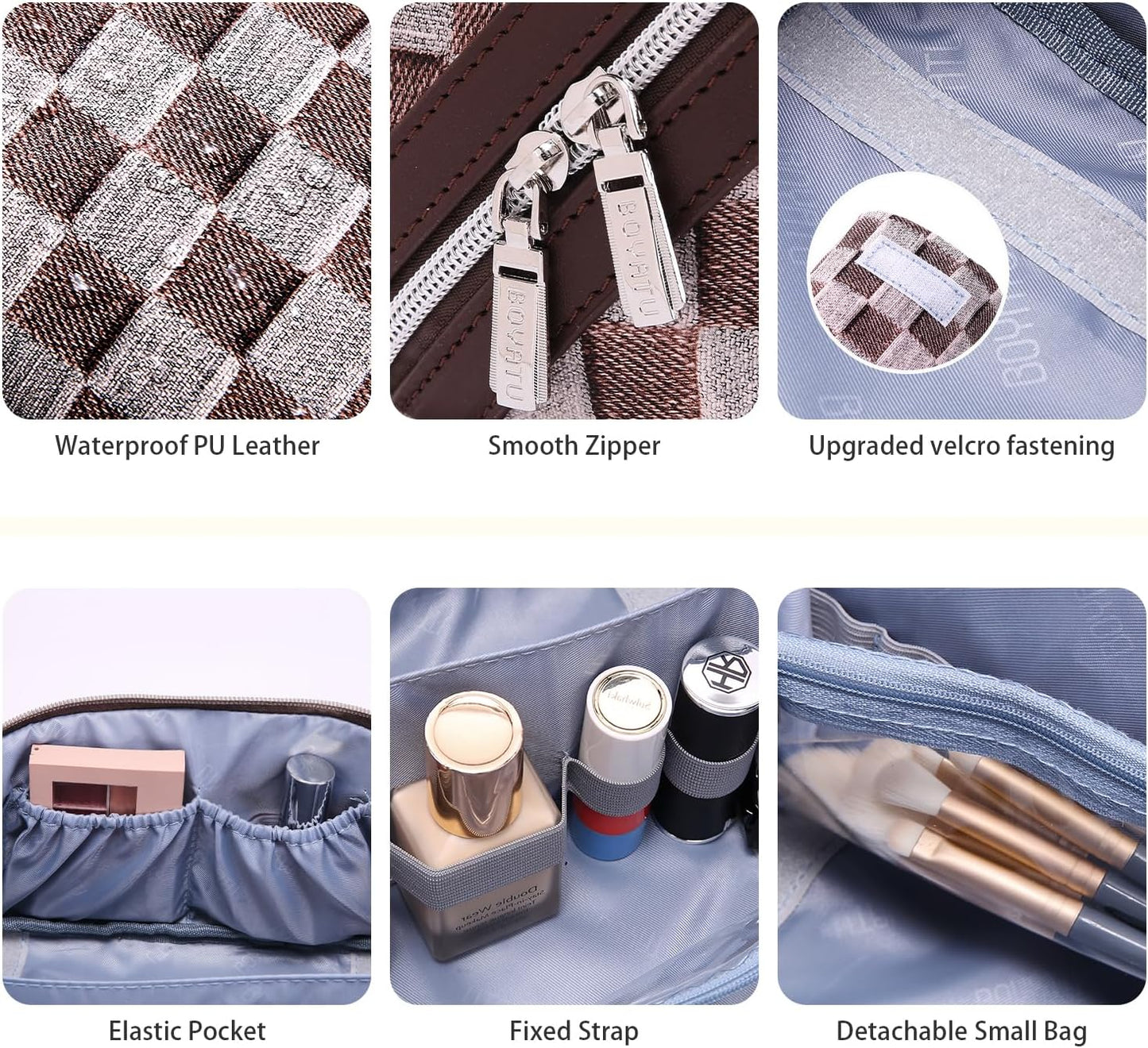 BOYATU Travel Makeup Bag for Women: Large Cosmetic Bag Set of 3 - PU Leather Make up Bag with Compartments - Compact Waterproof Toiletry Bag with Divider & Handle (D-3-Brown)