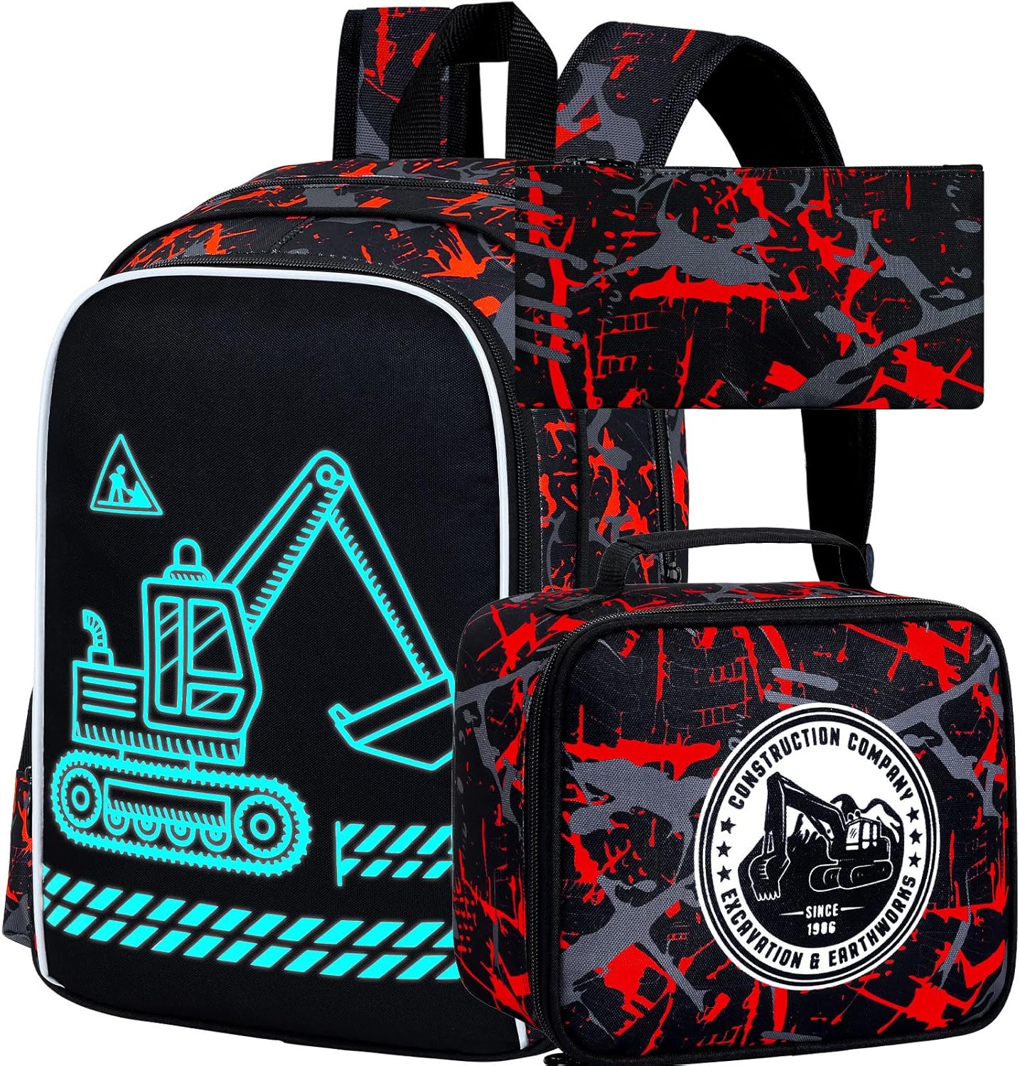17 Inches Glow in The Dark Excavator Backpack for Boys, 3Pcs Digger School Bookbag Set for Teens, Laptop Backpacks with Lunch Bag(Red)