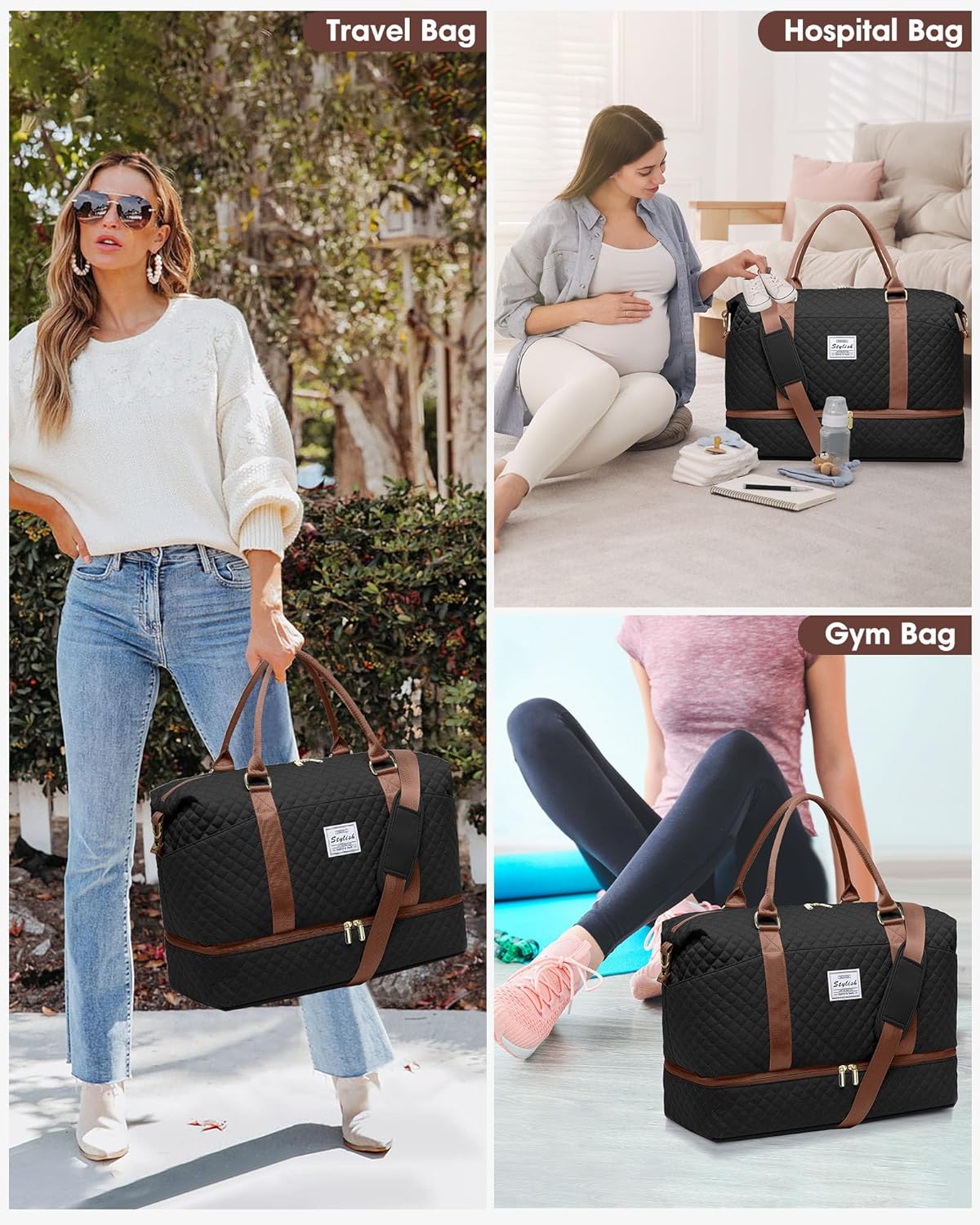 Travel Weekender Bags for Women Duffle - Carry on Overnight Bag with Shoe Compartment & Toiletry Gym Duffel Bags with Wet Pocket Hospital for Labor and Delivery Black Brown
