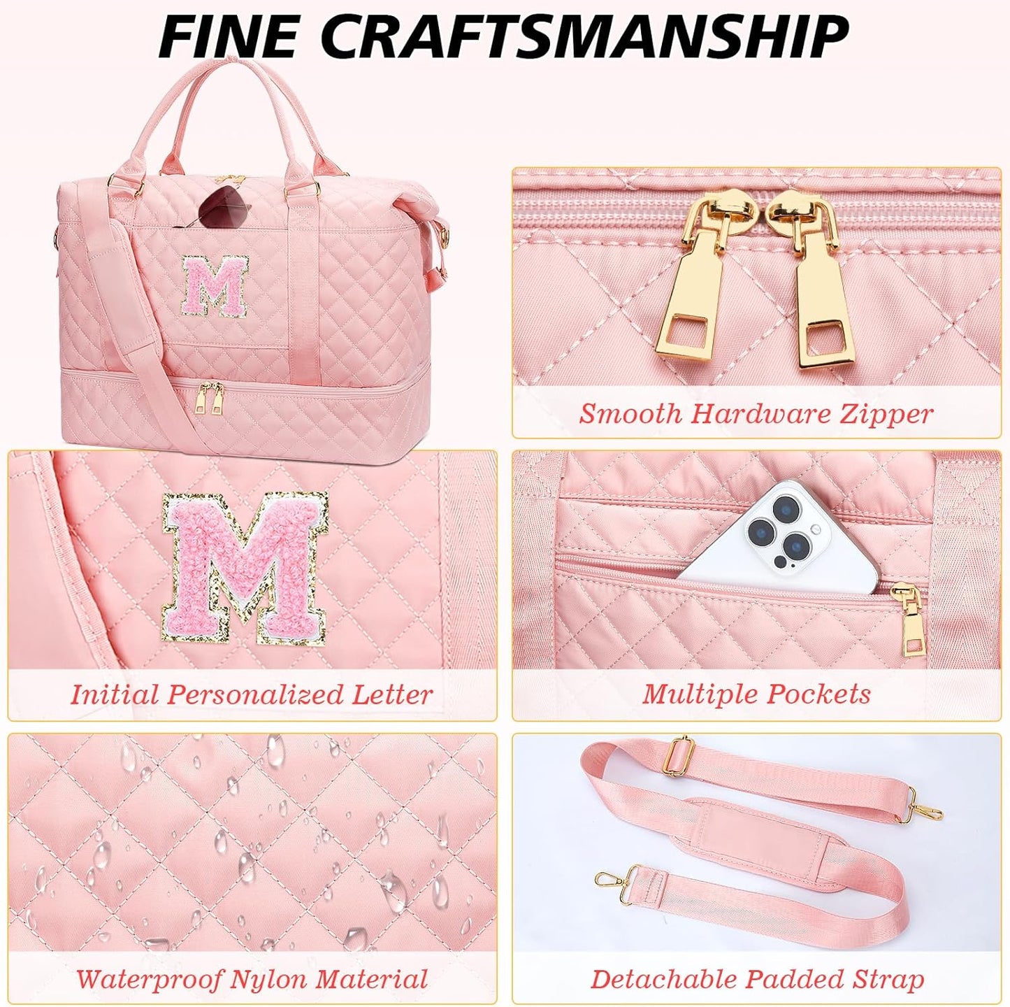 Gifts for Women Girls Initial Travel Duffle Bag Quilted Weekender Carry-On Overnight with Cosmetic Bag, Gym Bag with Shoe Compartment, Pink M