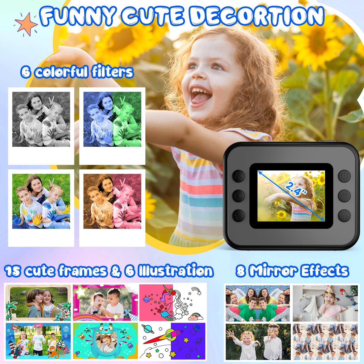 Kids Camera Instant Print, Christmas Birthday Gifts for Girls and Boys, Kids Camera 1080P HD Video Digital Camera, Toddler Toy for 3-12 Years Old, Black