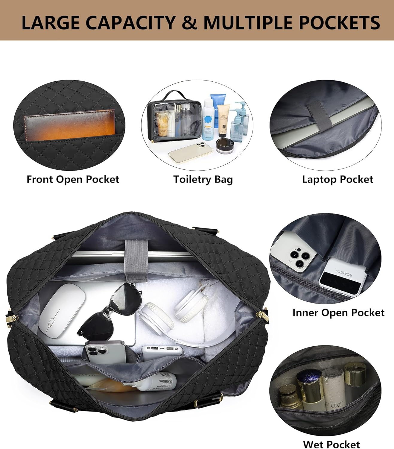 Women Weekender Travel Duffle Bags: Duffel Overnight Bag with Shoe Compartment Large Carry on Tote Bag Toiletry Bag Weekend Yoga Gym Bags with Wet Pocket Hospital Bags for Labor and Delivery Black