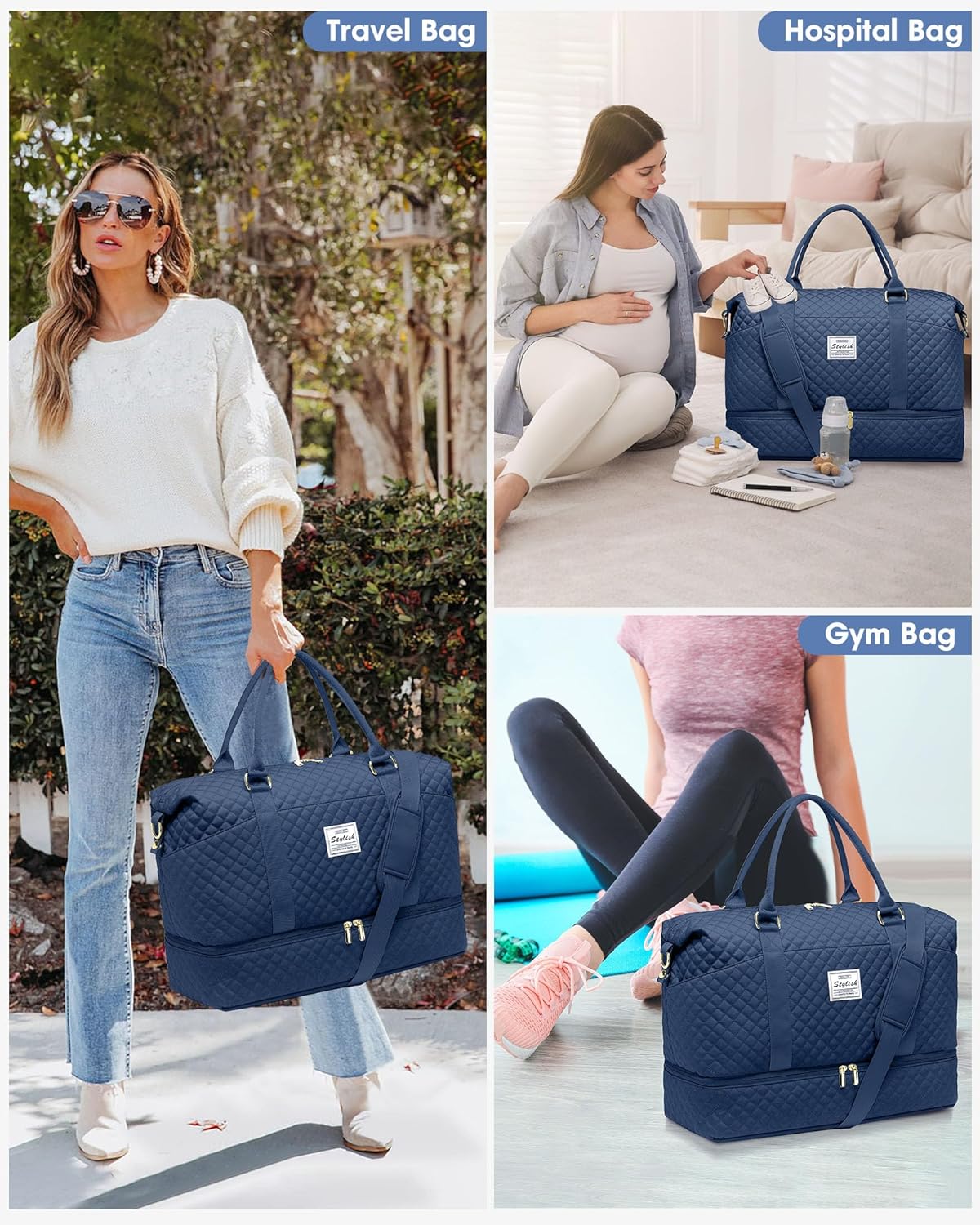 Weekender Bags for Women Duffle Bag - Travel Duffel Bag with Shoe Compartmen Carry on Overnight Bag with Toiletry Bag Gym Tote Bag with Wet Pocket Hospital Bags for Labor and Delivery Blue