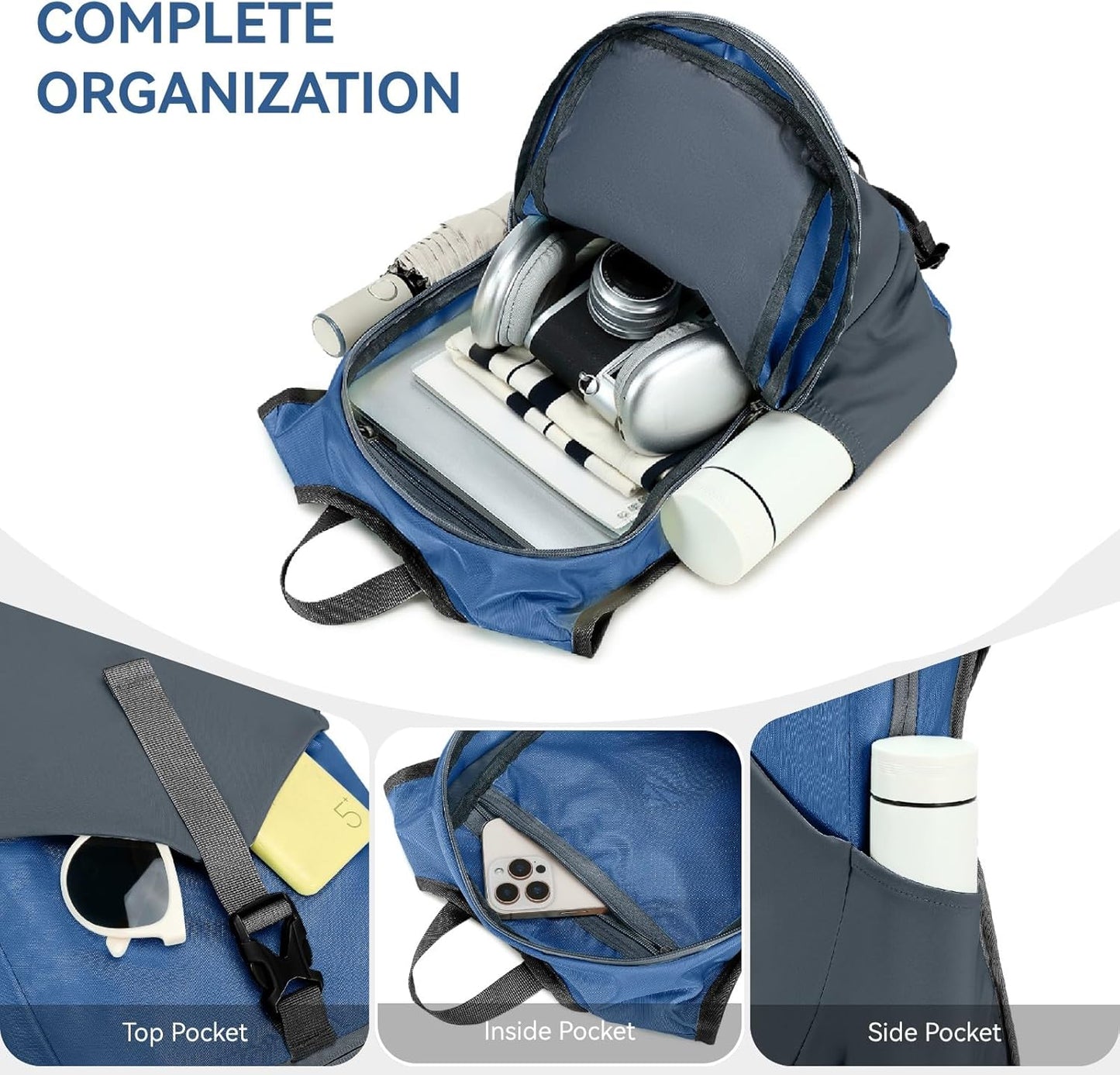 15L Small Hiking Backpack for Men Women Lightweight Packable Backpack Foldable Casual Daypack for Camping Travel Outdoor, Dark Blue