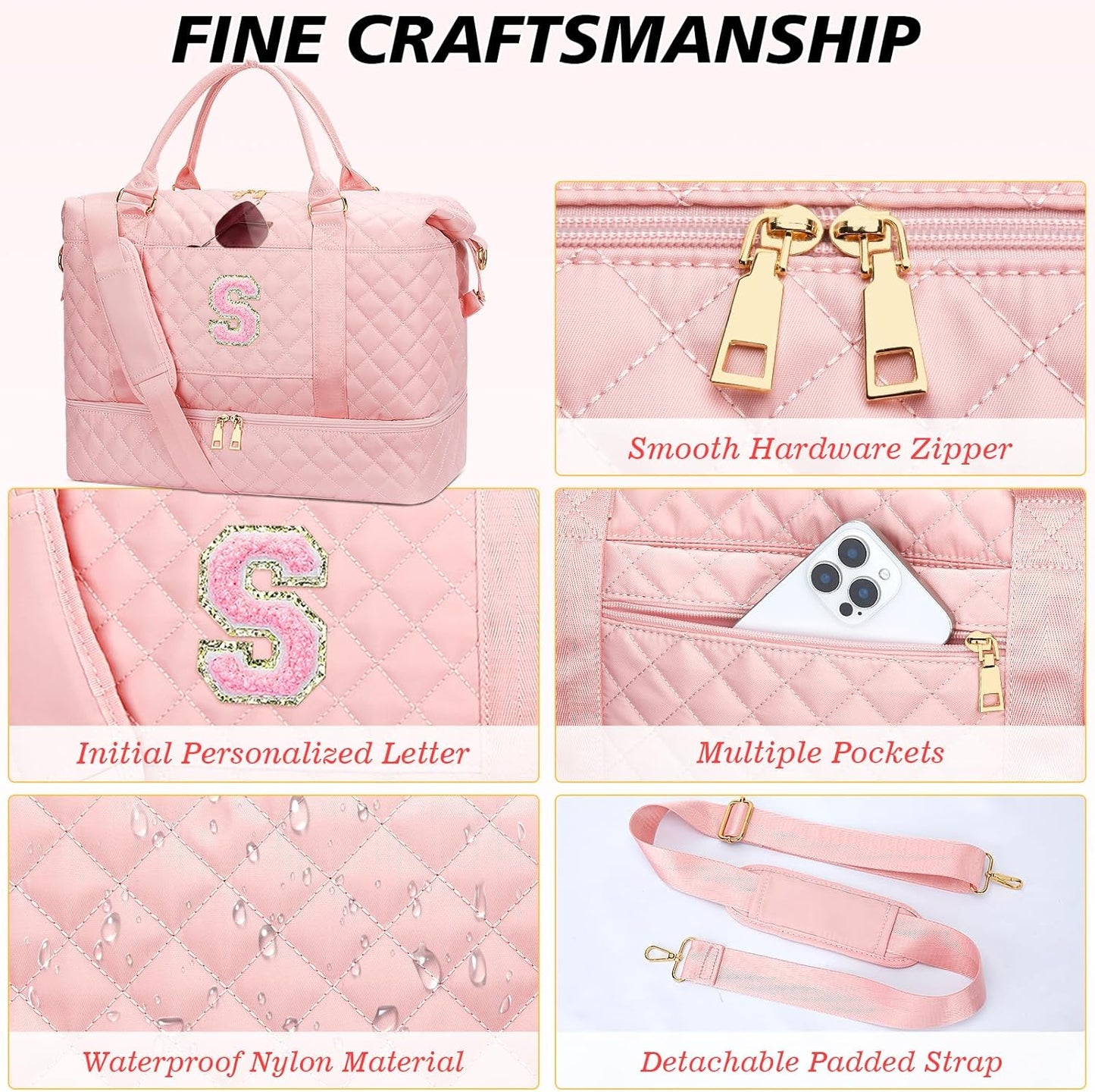 Gifts for Women Girls Initial Travel Duffle Bag Quilted Weekender Carry-On Overnight with Cosmetic Bag, Gym Bag with Shoe Compartment, Pink S