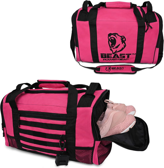 Beast Power Gear Gym Duffle Bag- Workout, Boxing, MMA, Sports Bag with Shoes Compartment and Adjustable Shoulder Strap for Men and Women (Pink/Black)