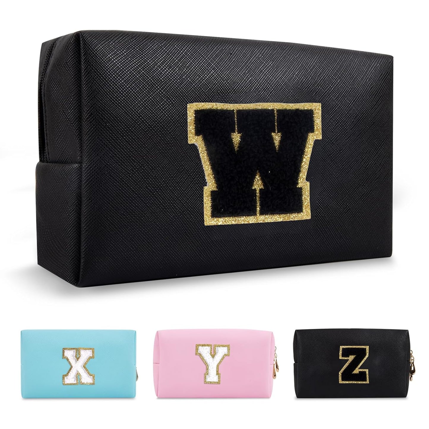 Personalized Initial A-Z Preppy Patch Makeup Bag,Small PU Chenille Letter Cosmetic Bag with Zipper for Teen Girls,Black Cute Toiletry Organizer Bag,Monogram Makeup Case Gift for Women Girls,Letter W