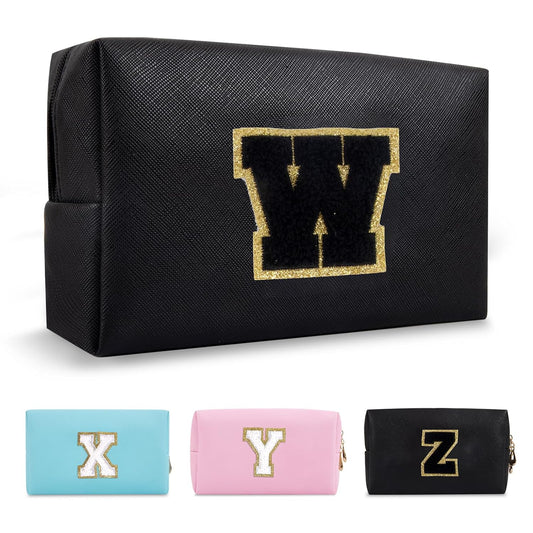 Personalized Initial A-Z Preppy Patch Makeup Bag,Small PU Chenille Letter Cosmetic Bag with Zipper for Teen Girls,Black Cute Toiletry Organizer Bag,Monogram Makeup Case Gift for Women Girls,Letter W