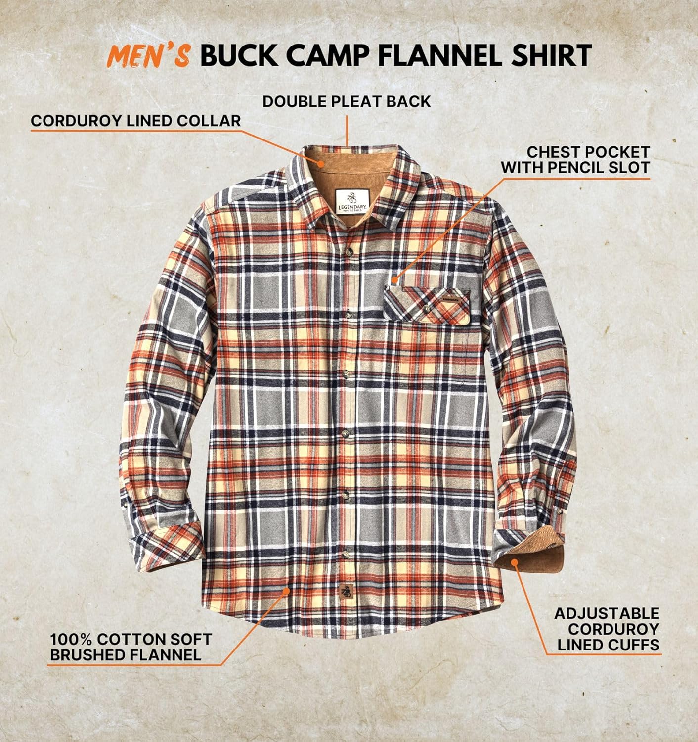 Legendary Whitetails Men's Flannel Shirt Long Sleeve Button Down 100% Cotton