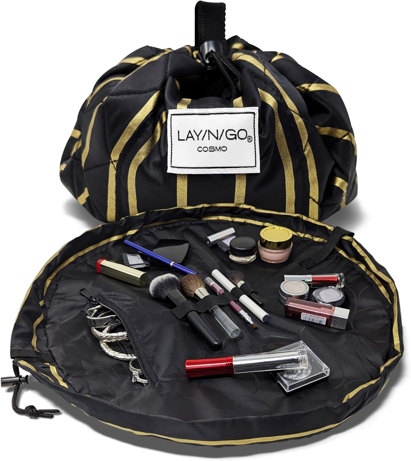 Lay-n-Go Cosmo Drawstring Cosmetic & Makeup Bag Organizer - Portable Drawstring Makeup Bag w/Zipper Pocket, Makeup Loops & More - Durable, Machine Washable Toiletry Bag (20", Black & Gold)