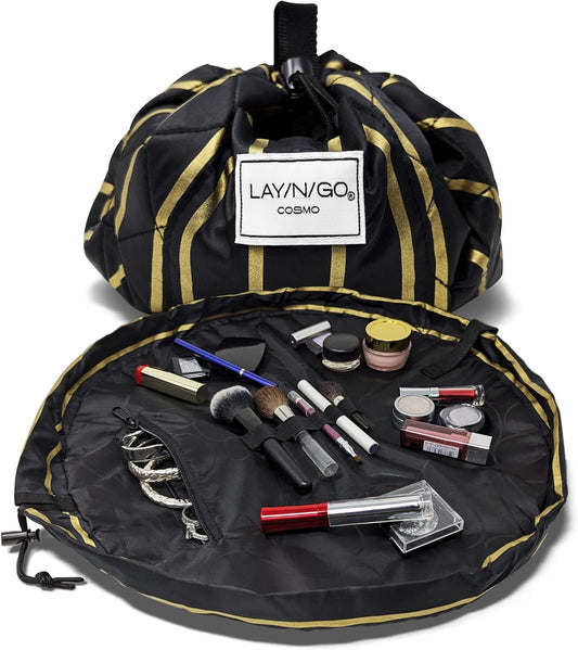 Lay-n-Go Cosmo Drawstring Cosmetic & Makeup Bag Organizer - Portable Drawstring Makeup Bag w/Zipper Pocket, Makeup Loops & More - Durable, Machine Washable Toiletry Bag (20", Black & Gold)
