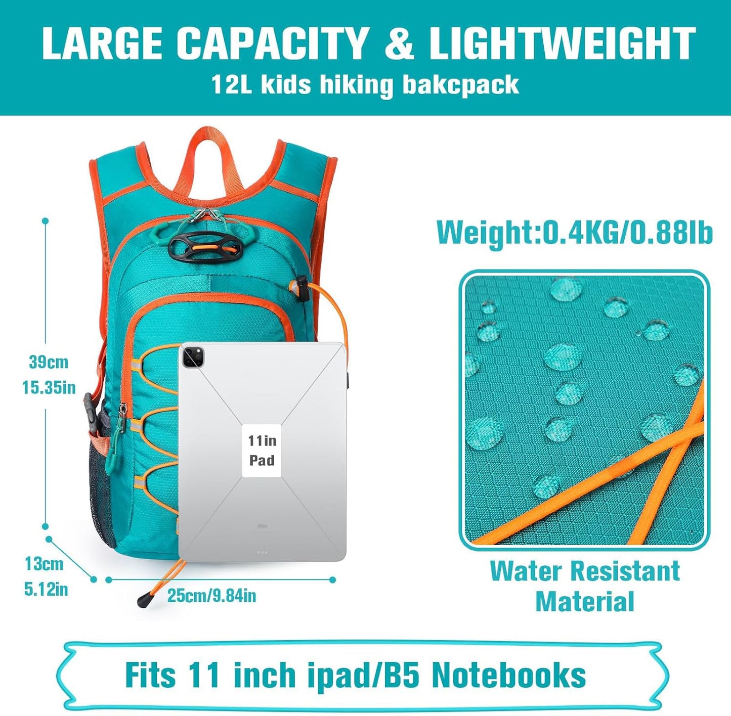 12L Kids Hiking Backpack, Small Hydration Backpack, Waterproof Kids Camping Daypack 5-12, No Water Bladder…
