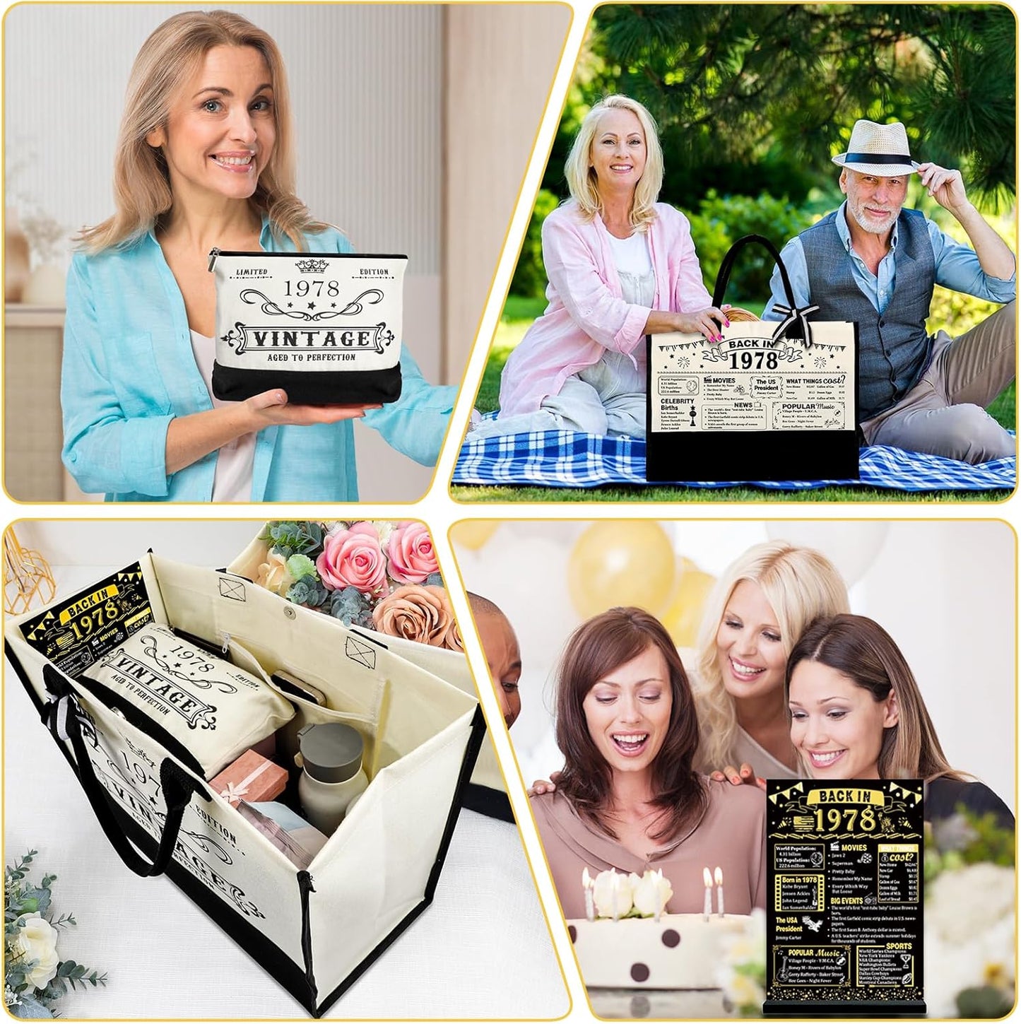 YeohJoy 47th Birthday Gifts for Her Canvas Tote Bag Travel Gear, Unique 47 Years Old Birthday Gifts for Girlfriend Sister Friends Women, Vintage 1978 Handbag & Cosmetic Bag & Back in 1978 Poster